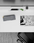 Black-and-white line art anime maid mouse pad 14x10 inches, playful teasing vibe with smooth glide feel.