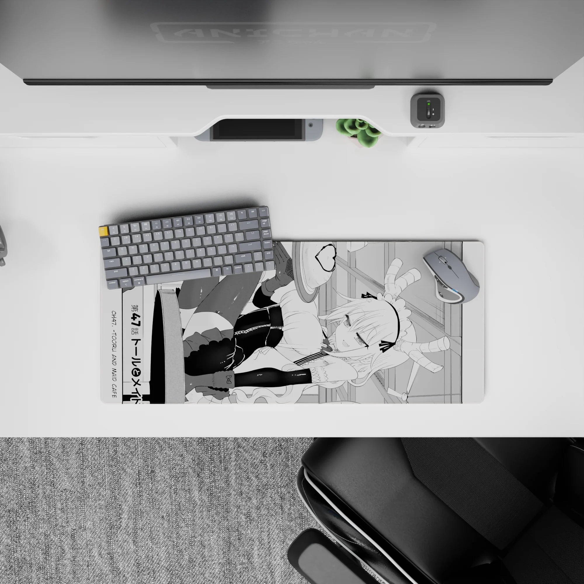 28x12 inches black-and-white line art mouse pad with chaotic-cute, playful maid vibe and smooth glide.
