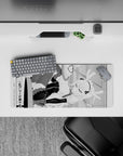 28x12 inches black-and-white line art mouse pad with chaotic-cute, playful maid vibe and smooth glide.