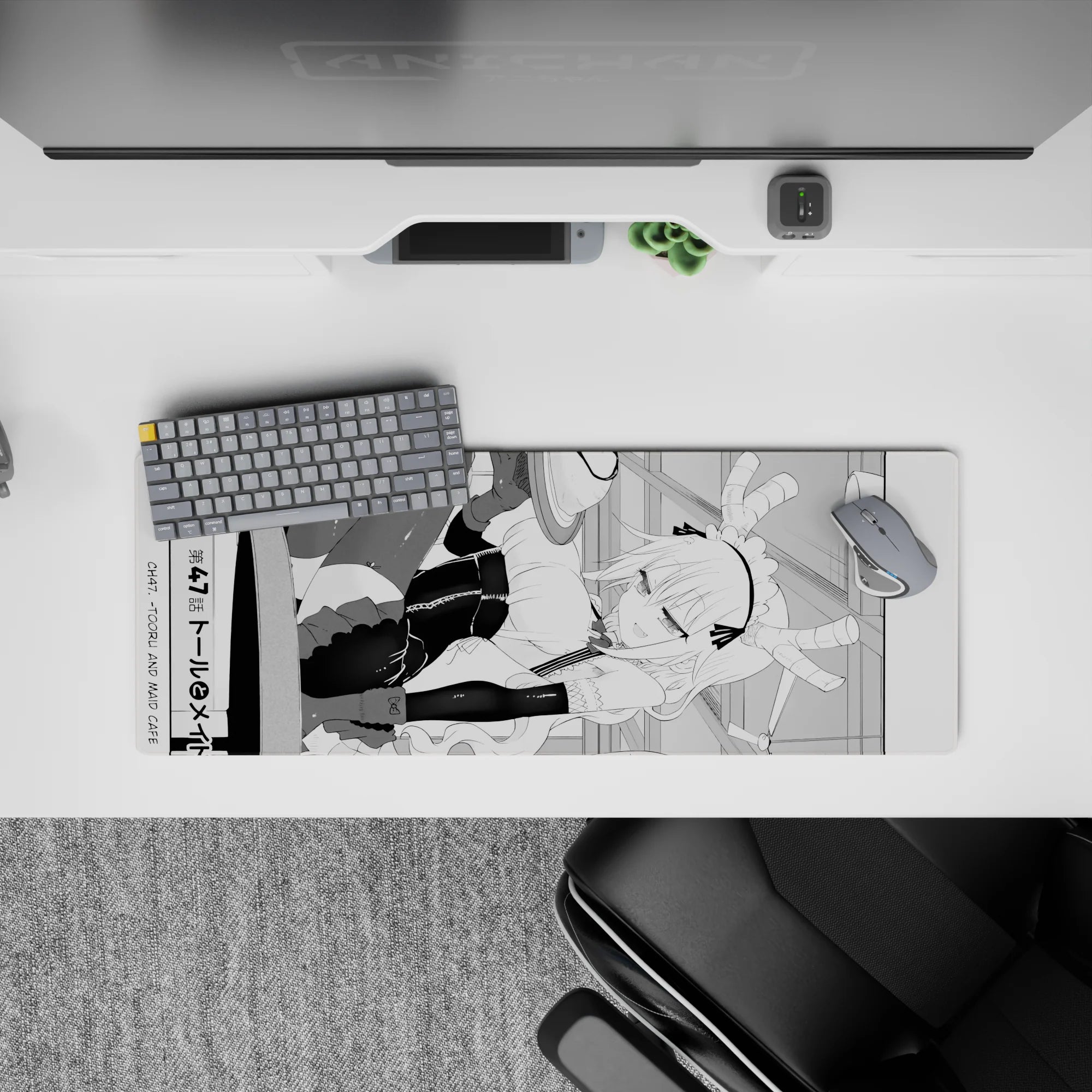 32x12 inches black-and-white anime maid mouse pad with crisp linework and playful chaotic-cute vibe.