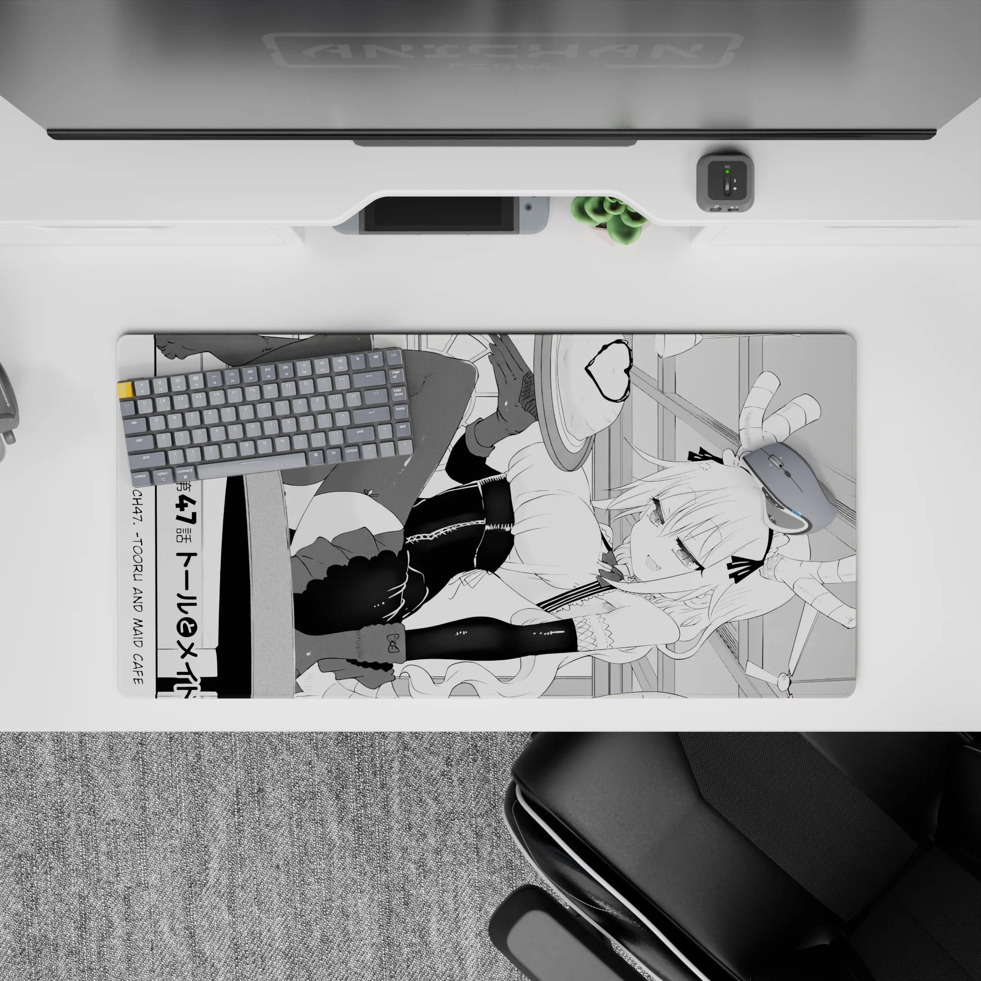32x16 inches black-and-white kawaii maid anime mouse pad, playful teasing vibe with crisp inked details.