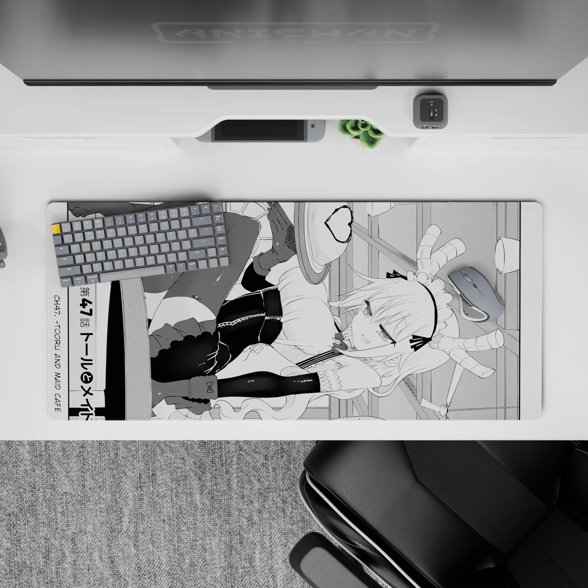 36x16 inches black-and-white line art desk pad with crisp cute-chaotic maid vibe and smooth glide.