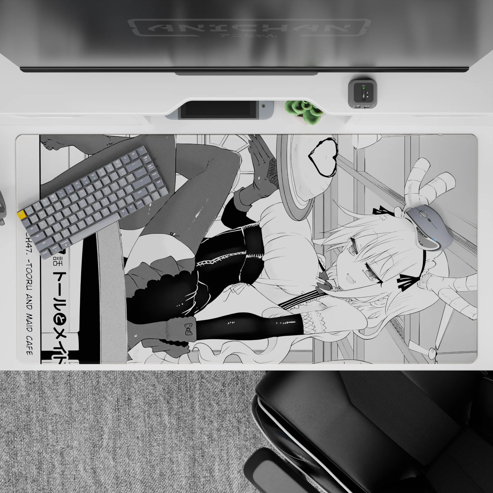 Black-and-white anime maid mouse pad 40x20 inches, crisp ink lines and chaotic-cute, teasing vibe.