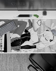 Black-and-white anime maid mouse pad 40x20 inches, crisp ink lines and chaotic-cute, teasing vibe.