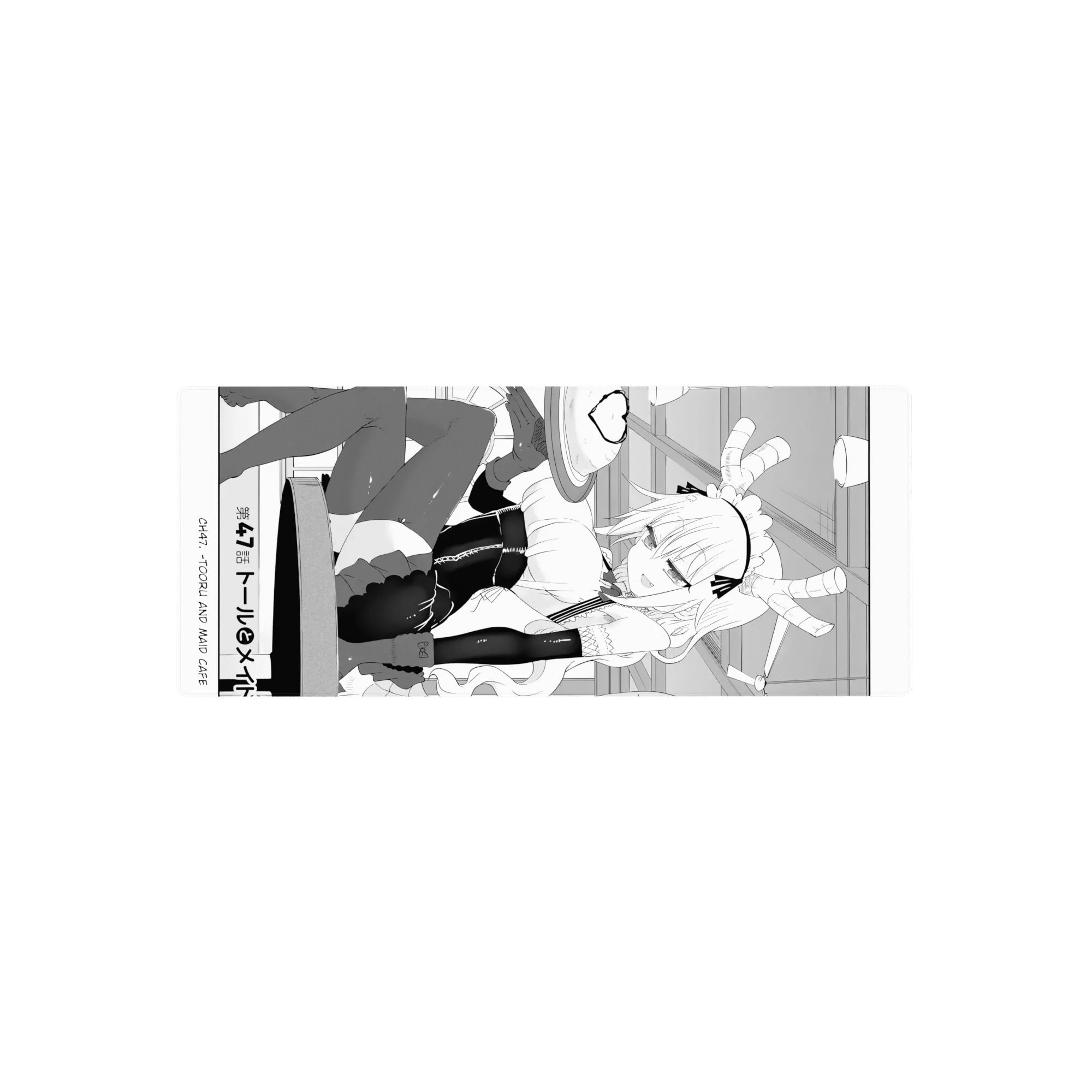 28x12 inches anime girl mouse pad with maid outfit, horns, frilly headband, corset dress, and thigh-highs.