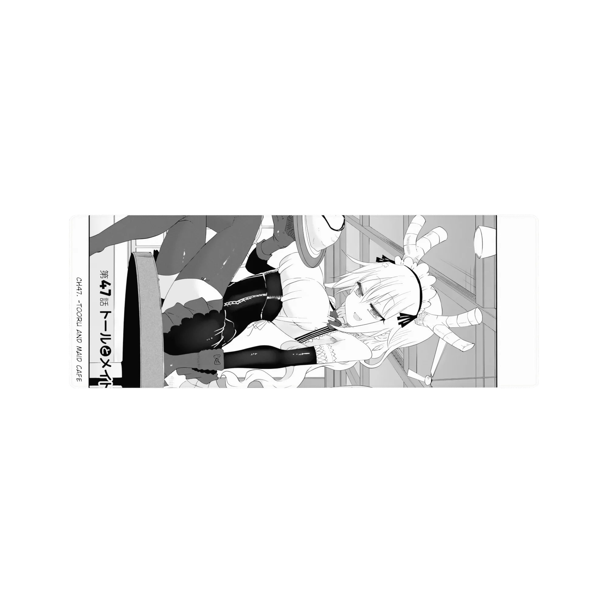 32x12 inches anime girl mouse pad with maid outfit, curled horns, corset dress, and thigh-highs line art.