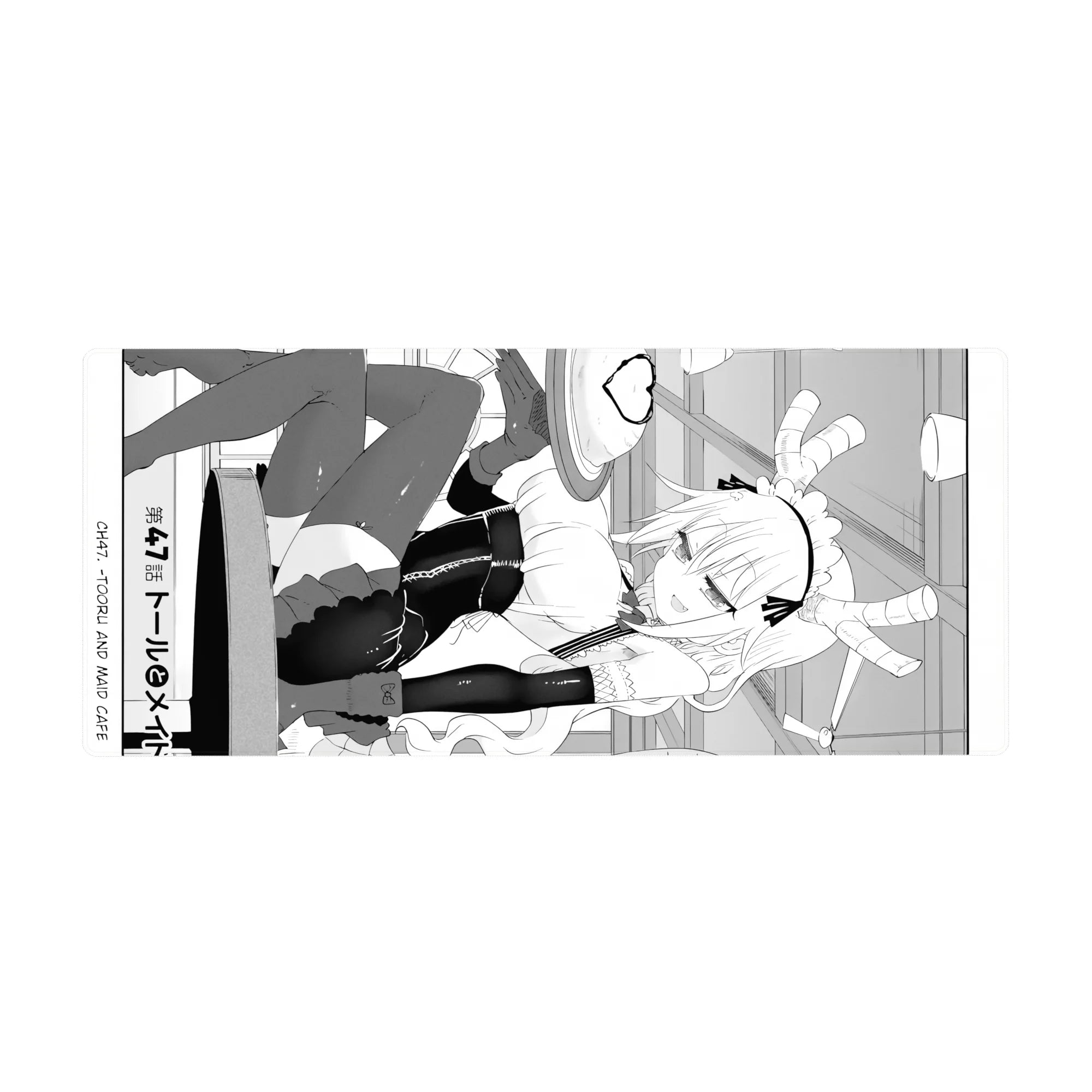 36x16 inches anime girl desk pad with maid outfit, horns, frilly headband, and playful pin-up pose.