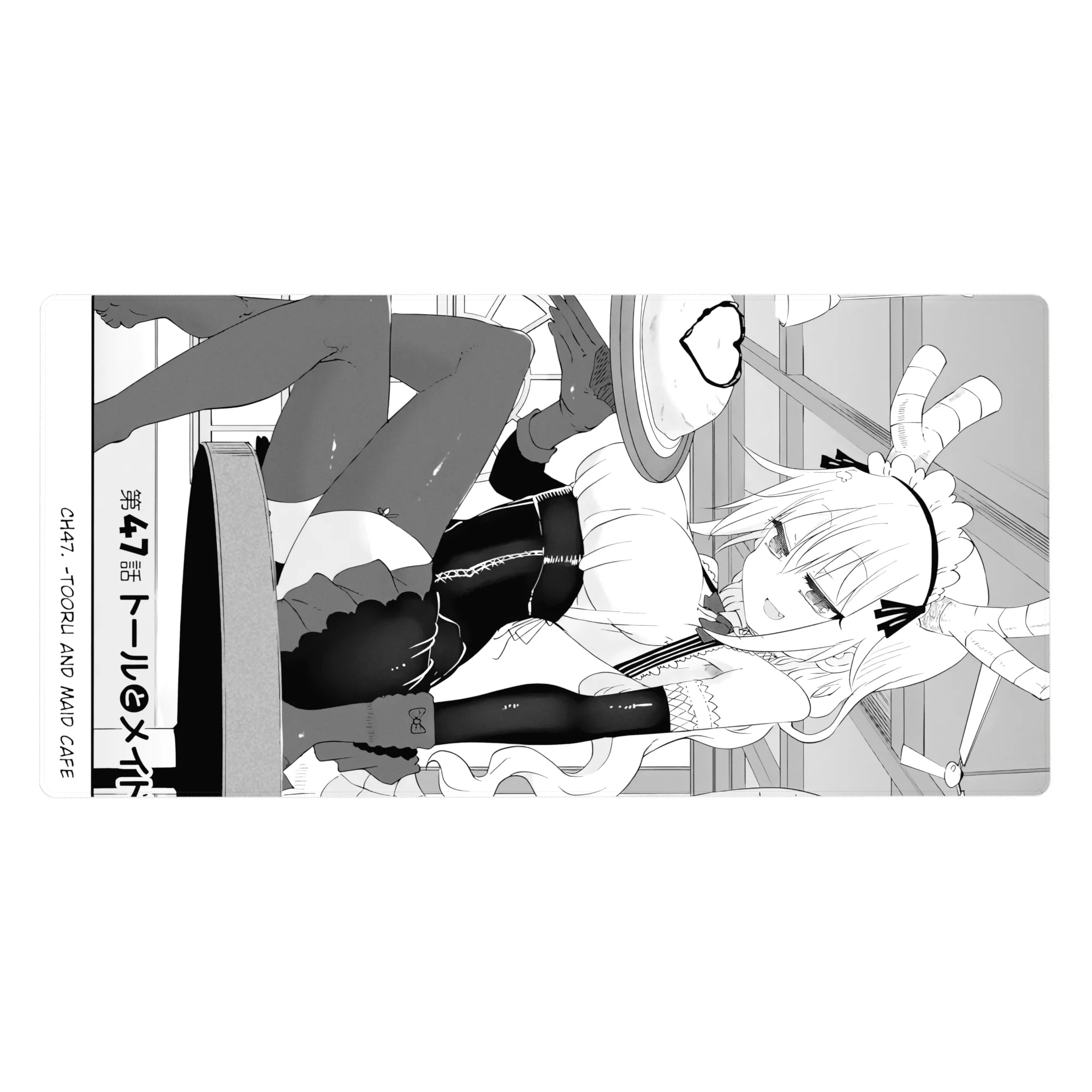 Anime girl desk pad 40x20 inches with playful maid pin-up line art, horns, frills, corset and thigh-highs.