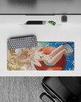 Mouse pad featuring Power from Chainsaw Man in a red floatie, 28x12 inches, with a vibrant turquoise and red dot bikini.