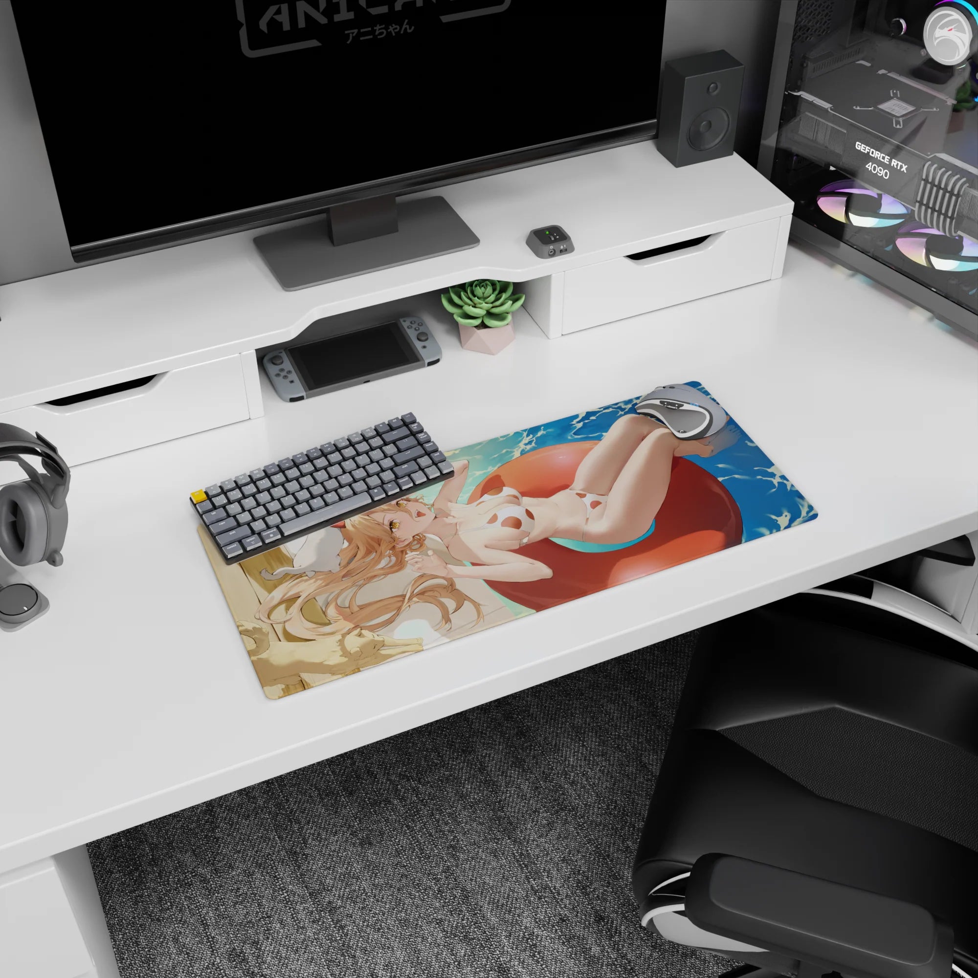 Mouse pad 28x12 inches featuring Power from Chainsaw Man in a white bikini with red dots, set against a turquoise sea.