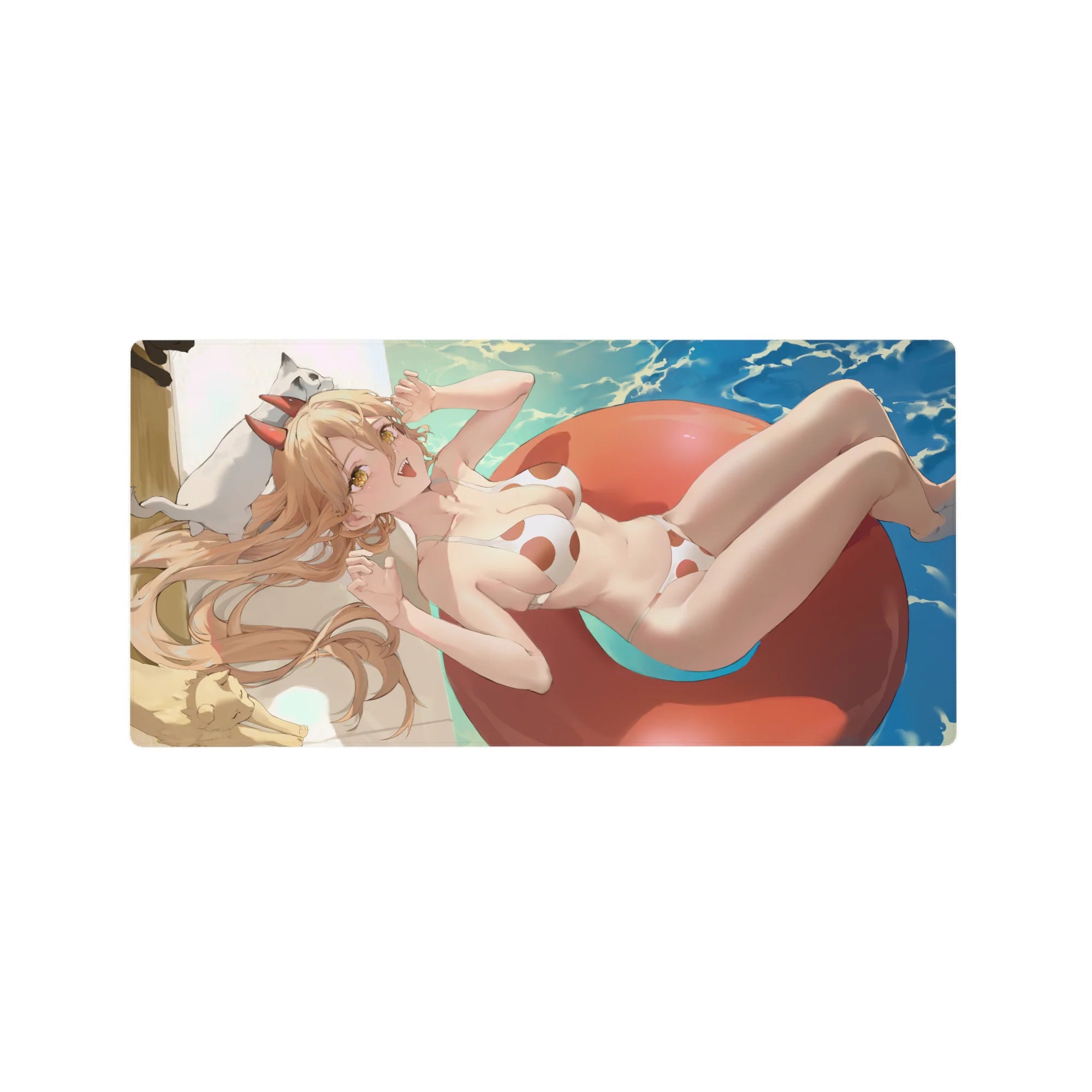 Power from Chainsaw Man anime on 32x16 inches mouse pad, lounging on a red floatie, turquoise water, white bikini with red dots.