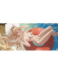 Power from Chainsaw Man anime desk pad, 36x16 inches, featuring her lounging in a white bikini with red dots on a red floatie.