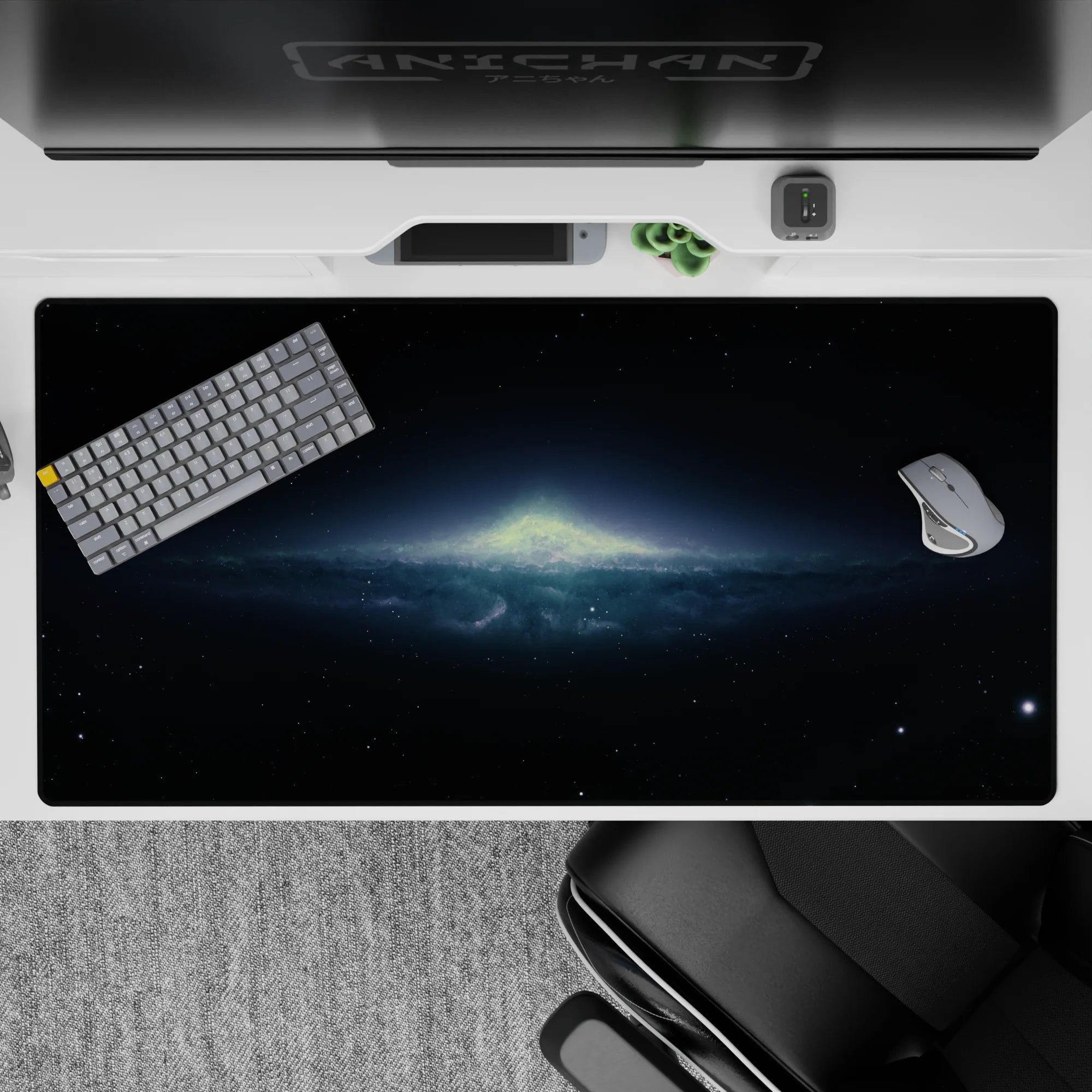 Dark midnight desk pad 40x20 inches with soft blue haze and dreamy pale green glow for a calm vibe.