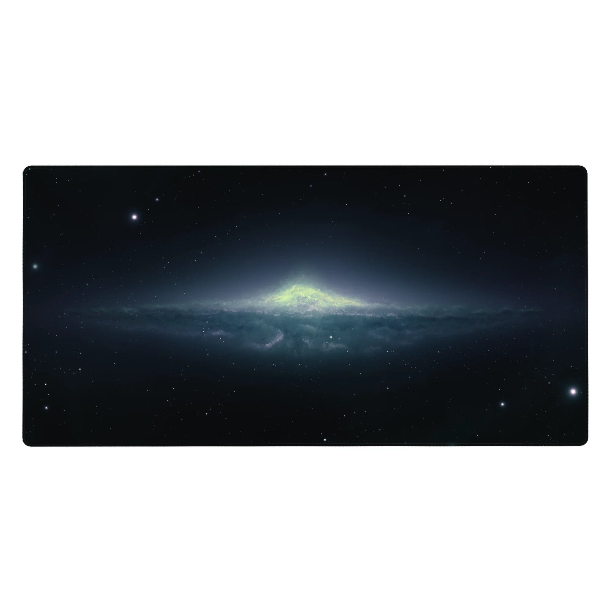 Space-themed desk pad 40x20 inches with midnight sky, tiny stars, and a swirling nebula band.