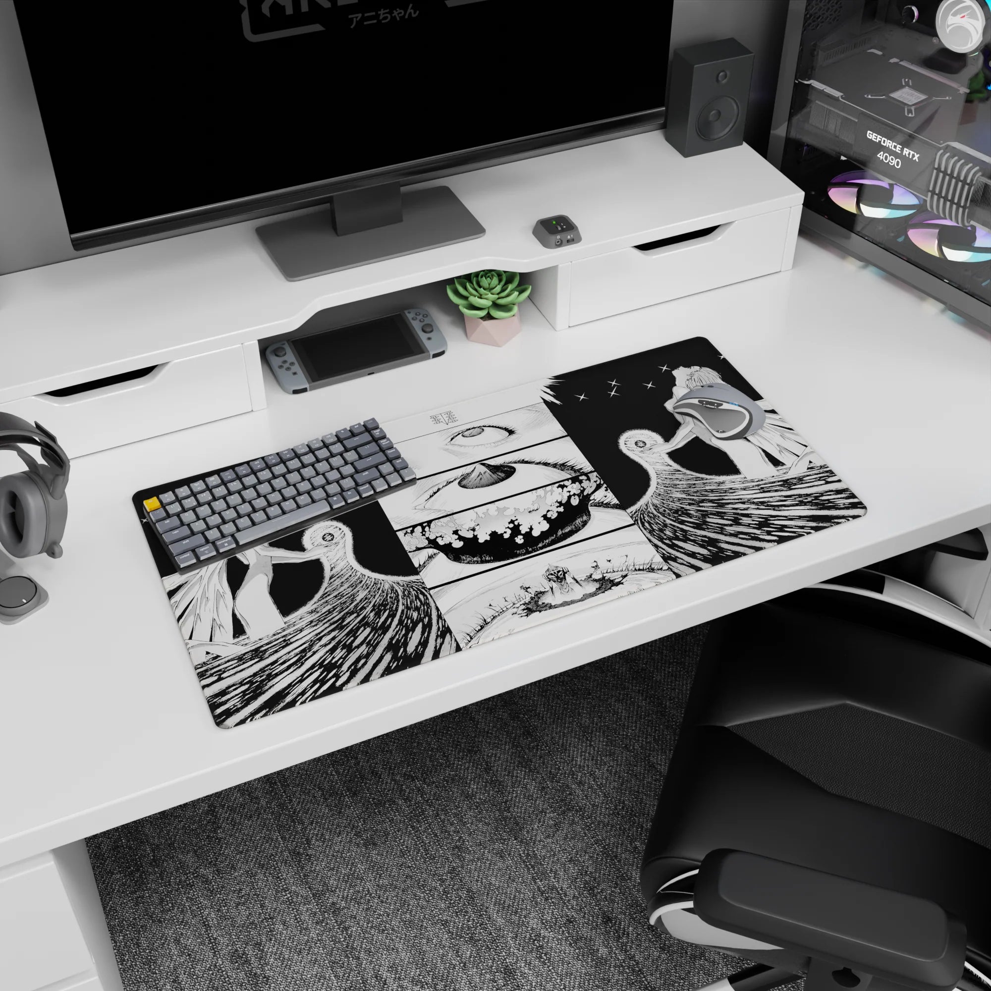 Anime mouse pad, 32x16 inches, featuring Rei from Evangelion, capturing her silhouette in a dramatic and divine scene.