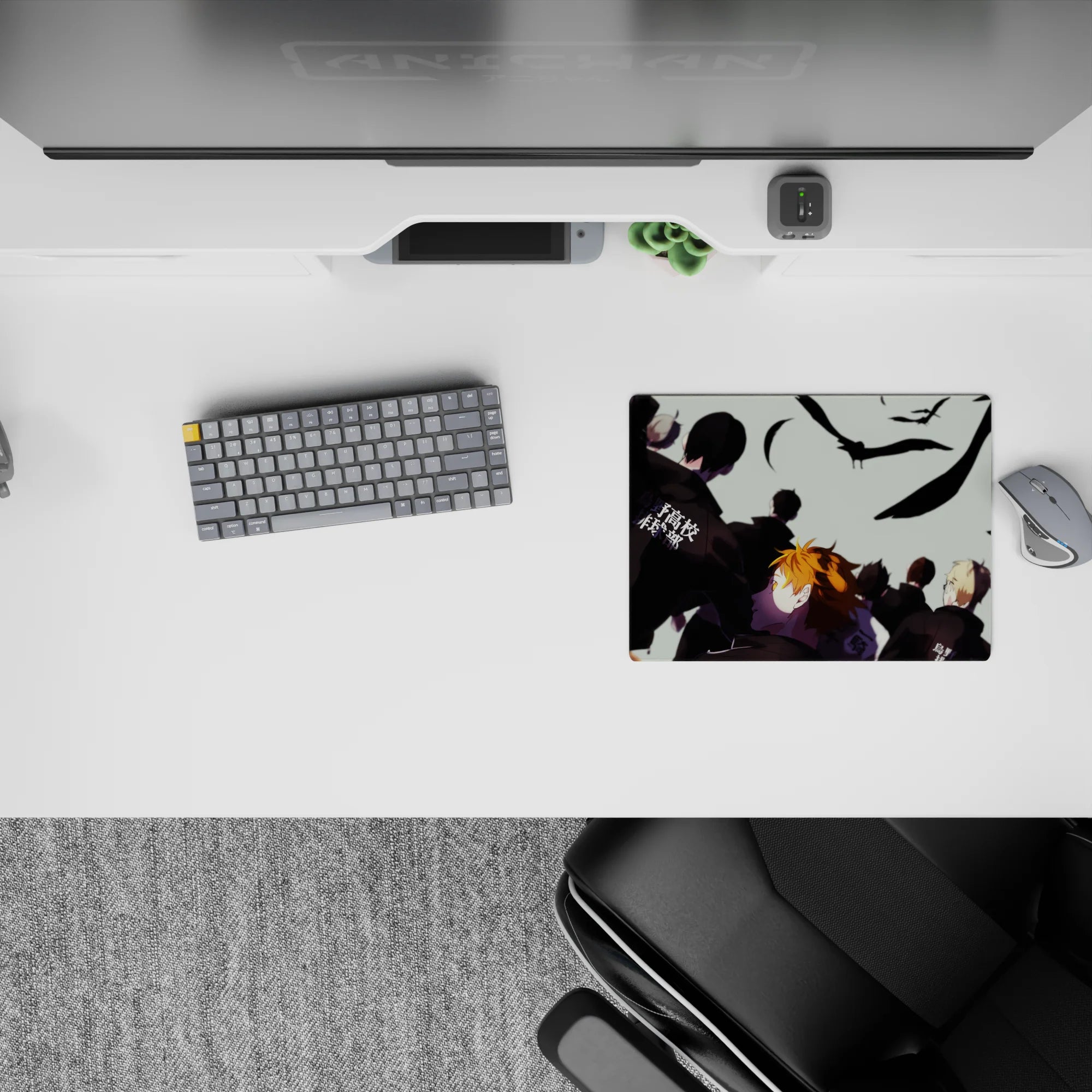 14x10 inches anime mouse pad in cool pale sky tones, dark jackets, and sharp orange hair pre-match vibe.