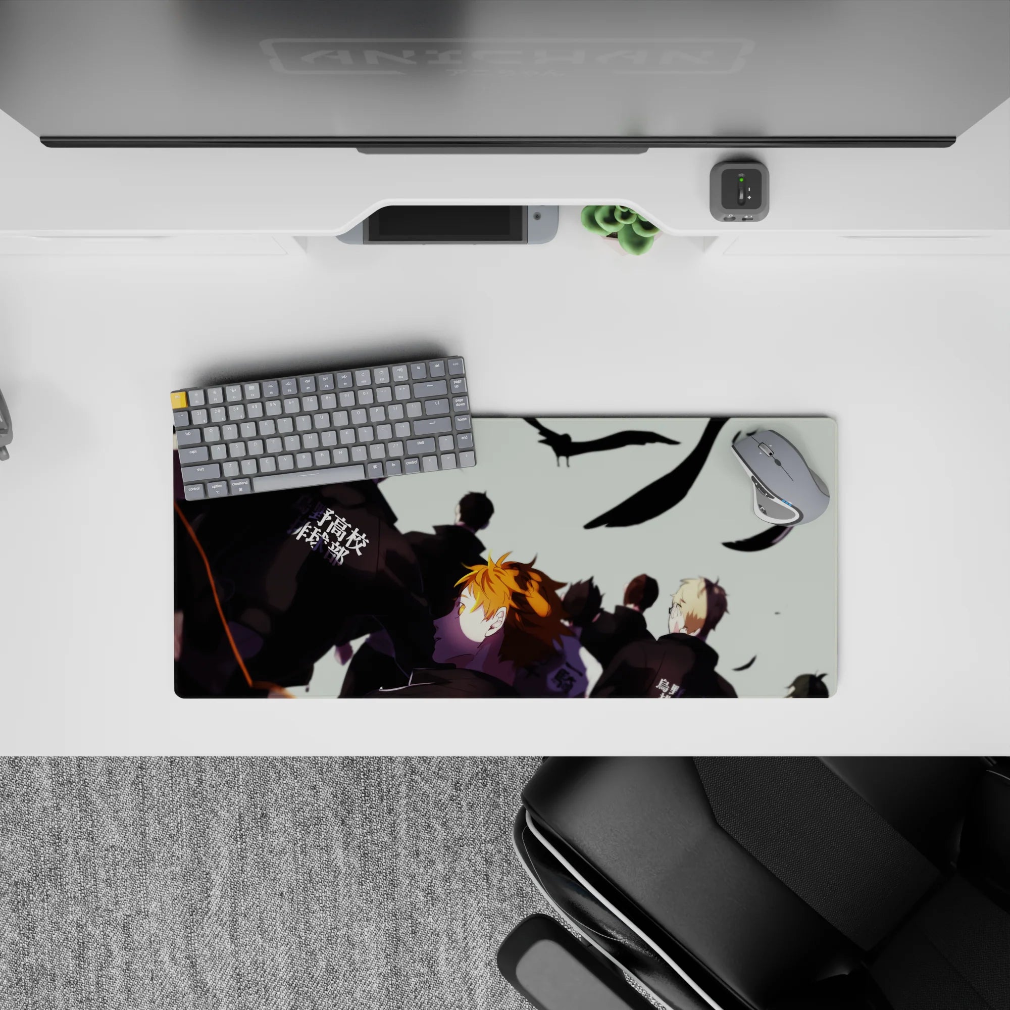 Anime mouse pad 28x12 inches in high-contrast dark jackets, pale sky, swirling black feathers, intense vibe.