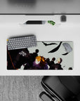 Anime mouse pad 28x12 inches in high-contrast dark jackets, pale sky, swirling black feathers, intense vibe.
