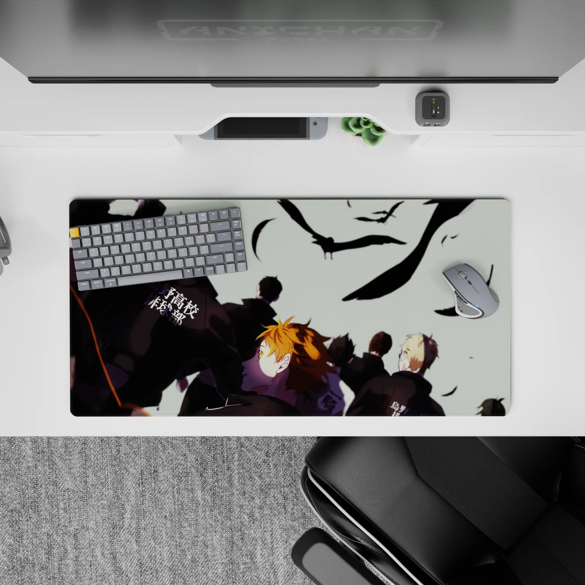 Anime mouse pad 32x16 inches in cool pale-sky tones, bold black feathers, and high-contrast energy.