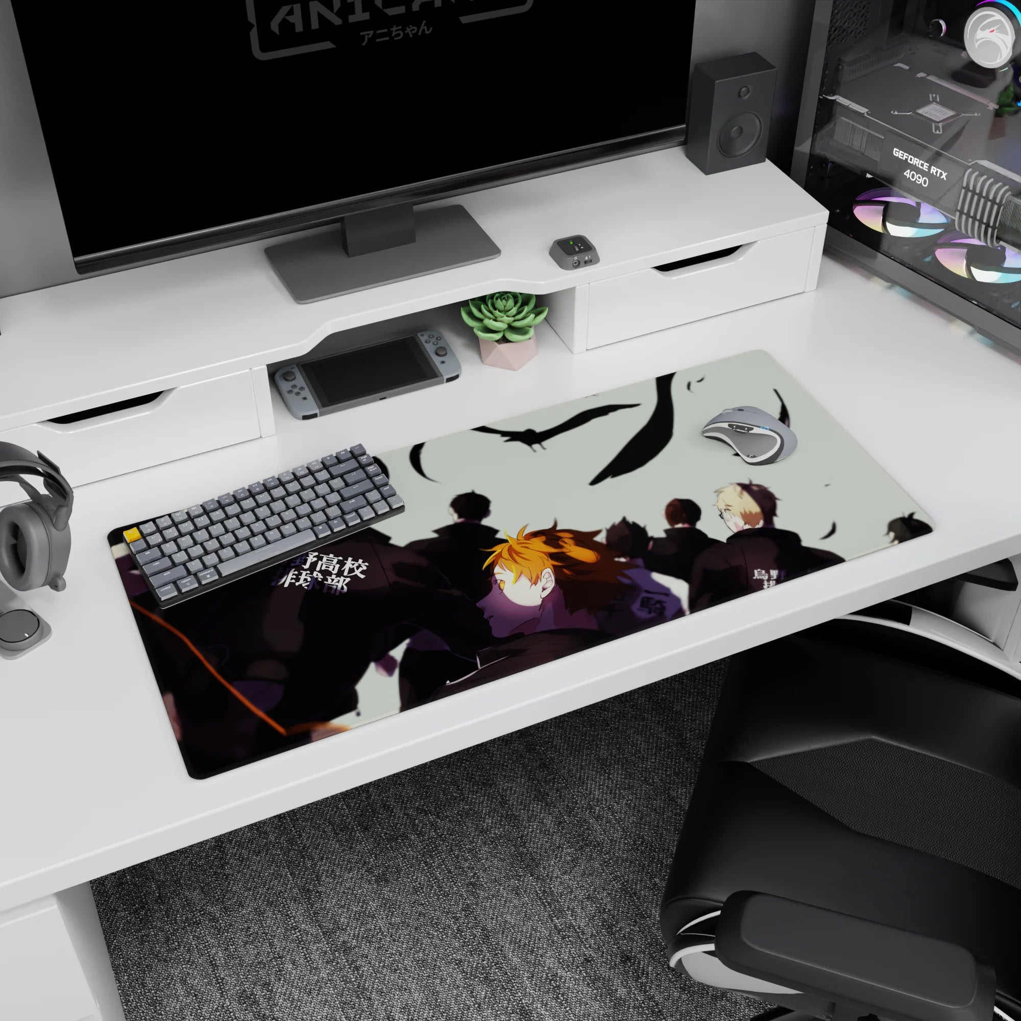 Orange-haired player foreground, team marching ahead on anime desk pad 36x16 inches with Japanese text.