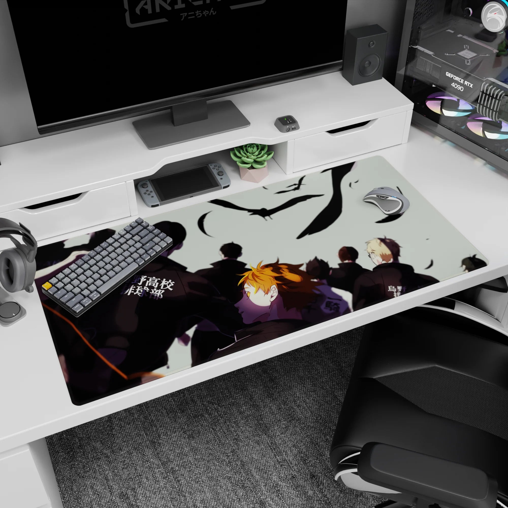 Haikyuu scene desk pad 40x20 inches featuring orange-haired player behind teammates in warmup jackets.