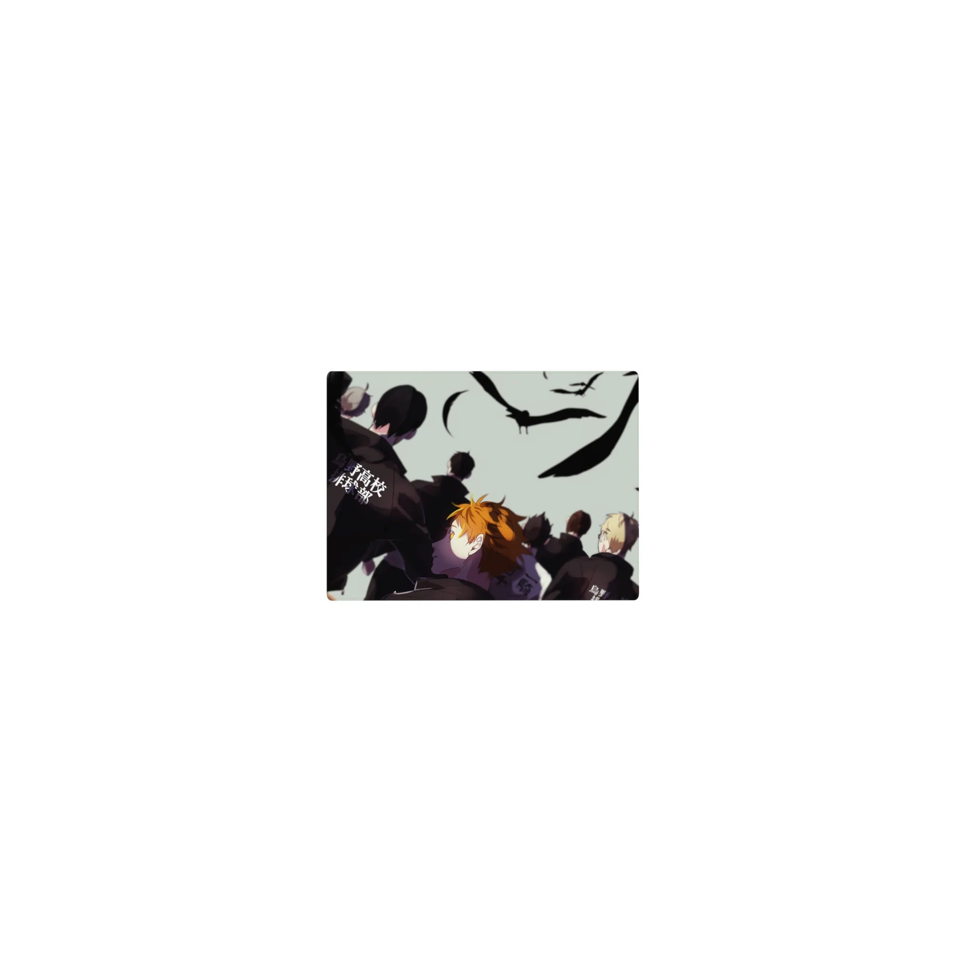 Classic Haikyuu anime mouse pad 14x10 inches with team backs, bold Japanese text, and black feathers.