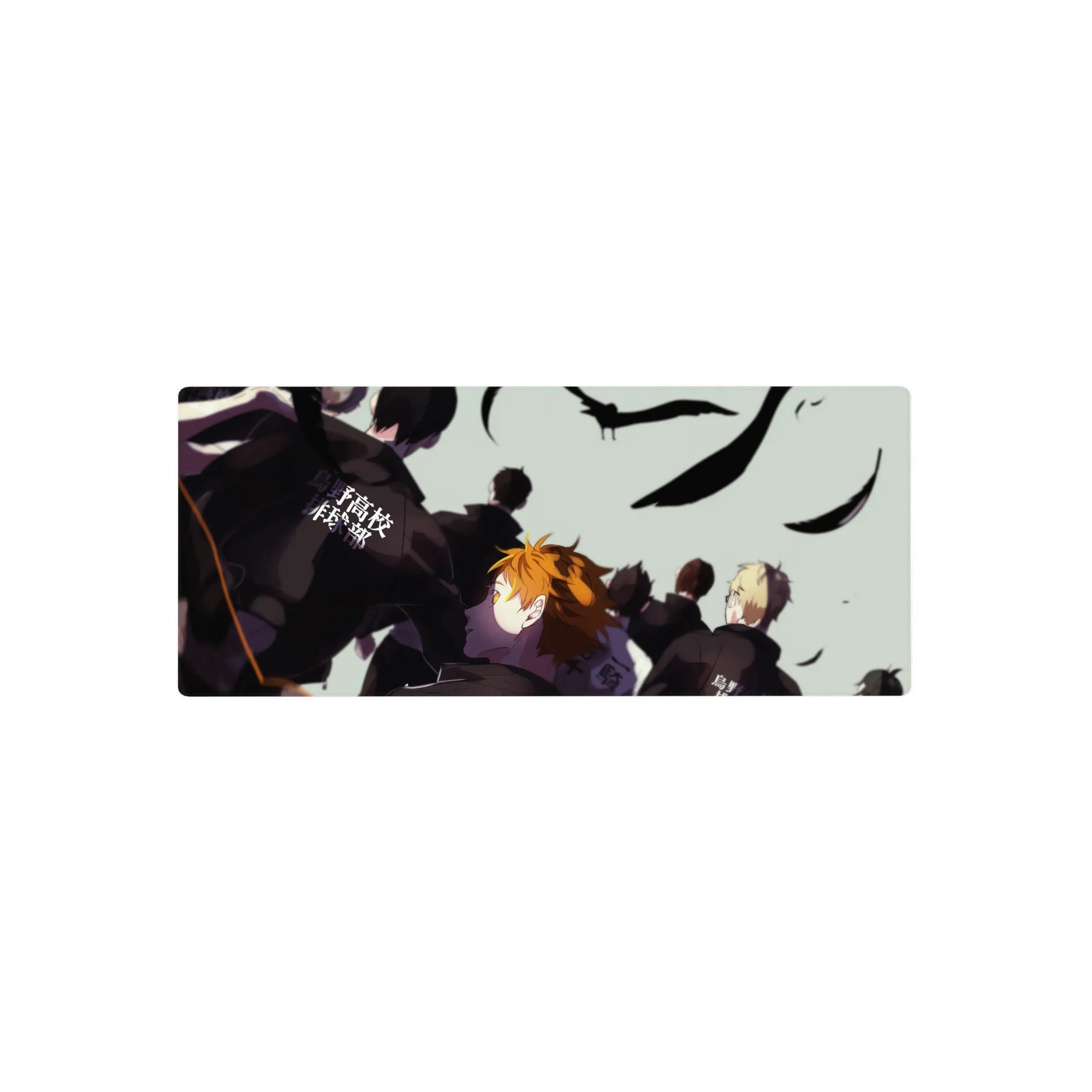 Haikyuu anime mouse pad 28x12 inches with team in dark warmups, bold Japanese lettering, feathers.