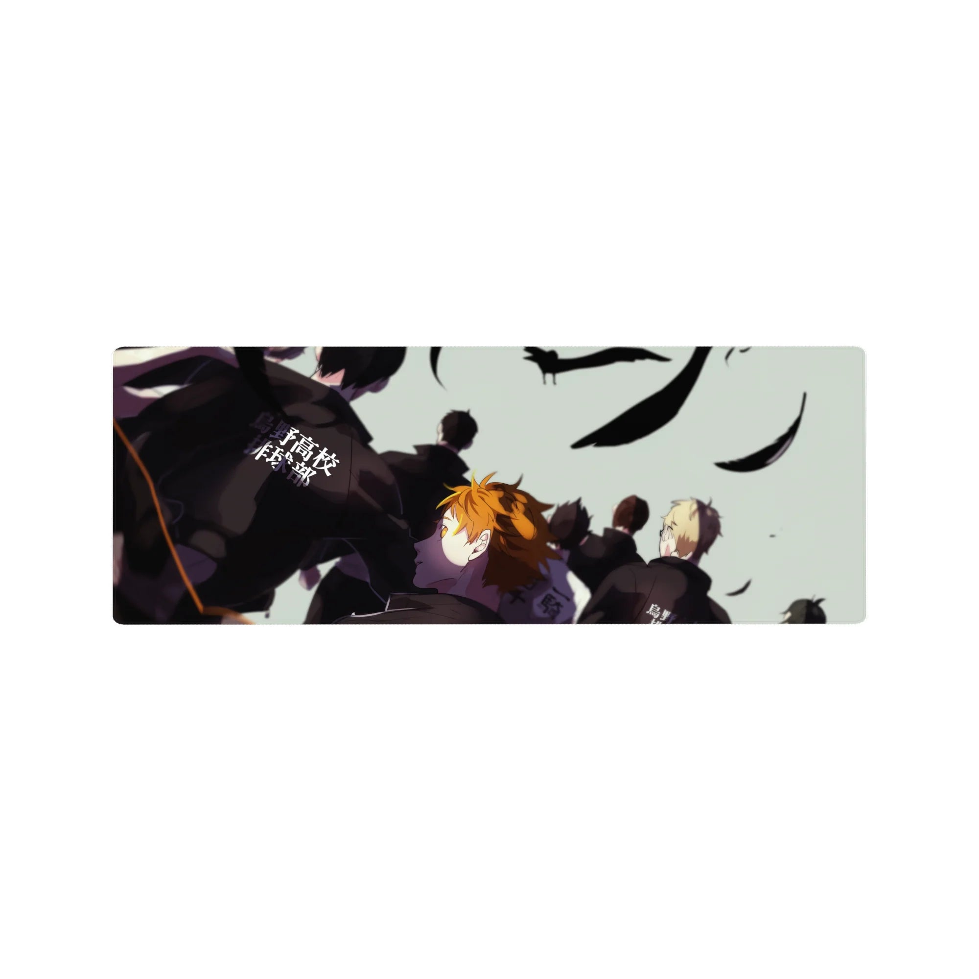 Haikyuu anime mouse pad 32x12 inches with teammates in dark jackets and bold Japanese lettering.