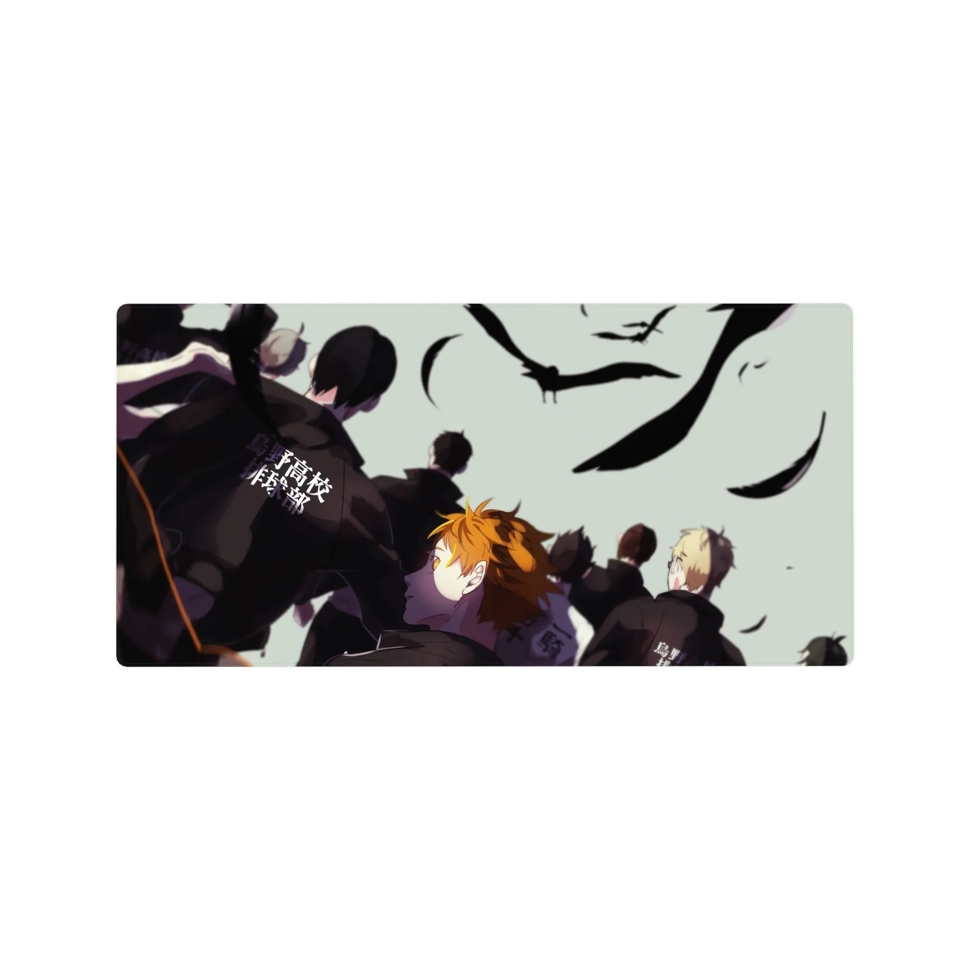 Haikyuu anime mouse pad 32x16 inches with orange-haired player, team jackets, and Japanese lettering.