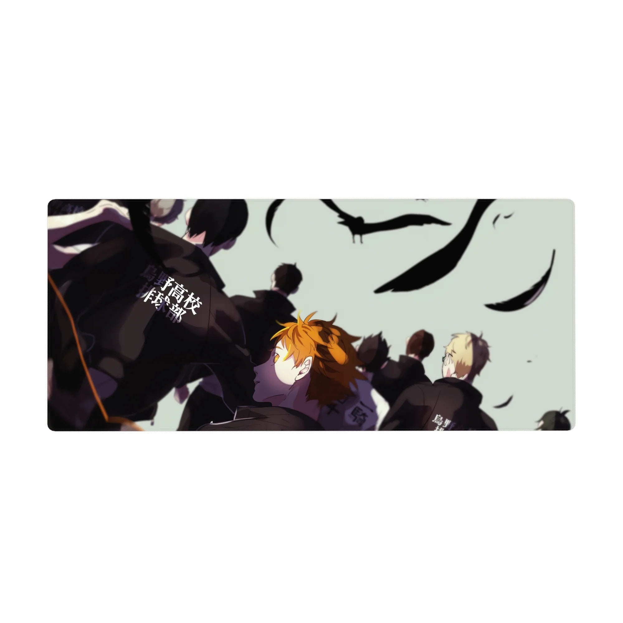 Haikyuu anime desk pad 36x16 inches with teammates in dark warmups and bold Japanese lettering.