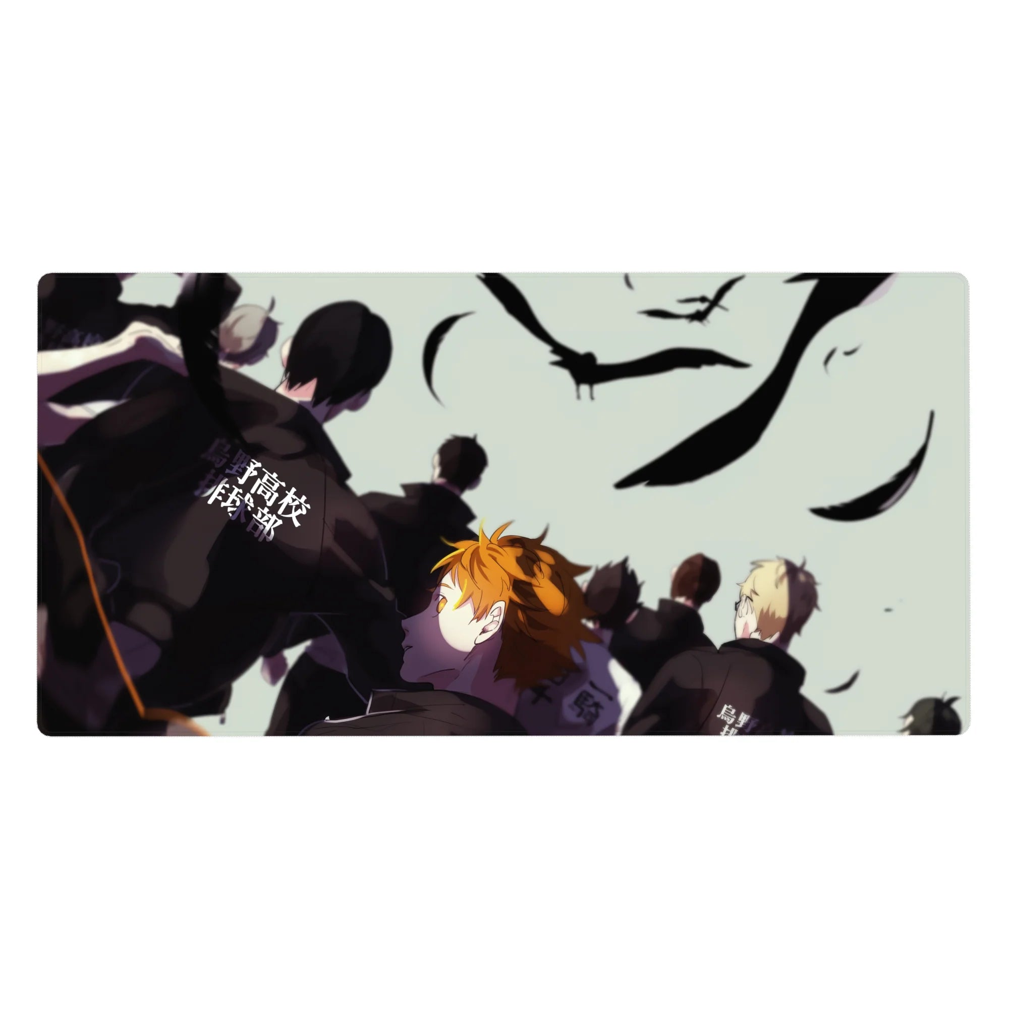 Haikyuu anime desk pad 40x20 inches with teammates marching and bold Japanese lettering on jackets.