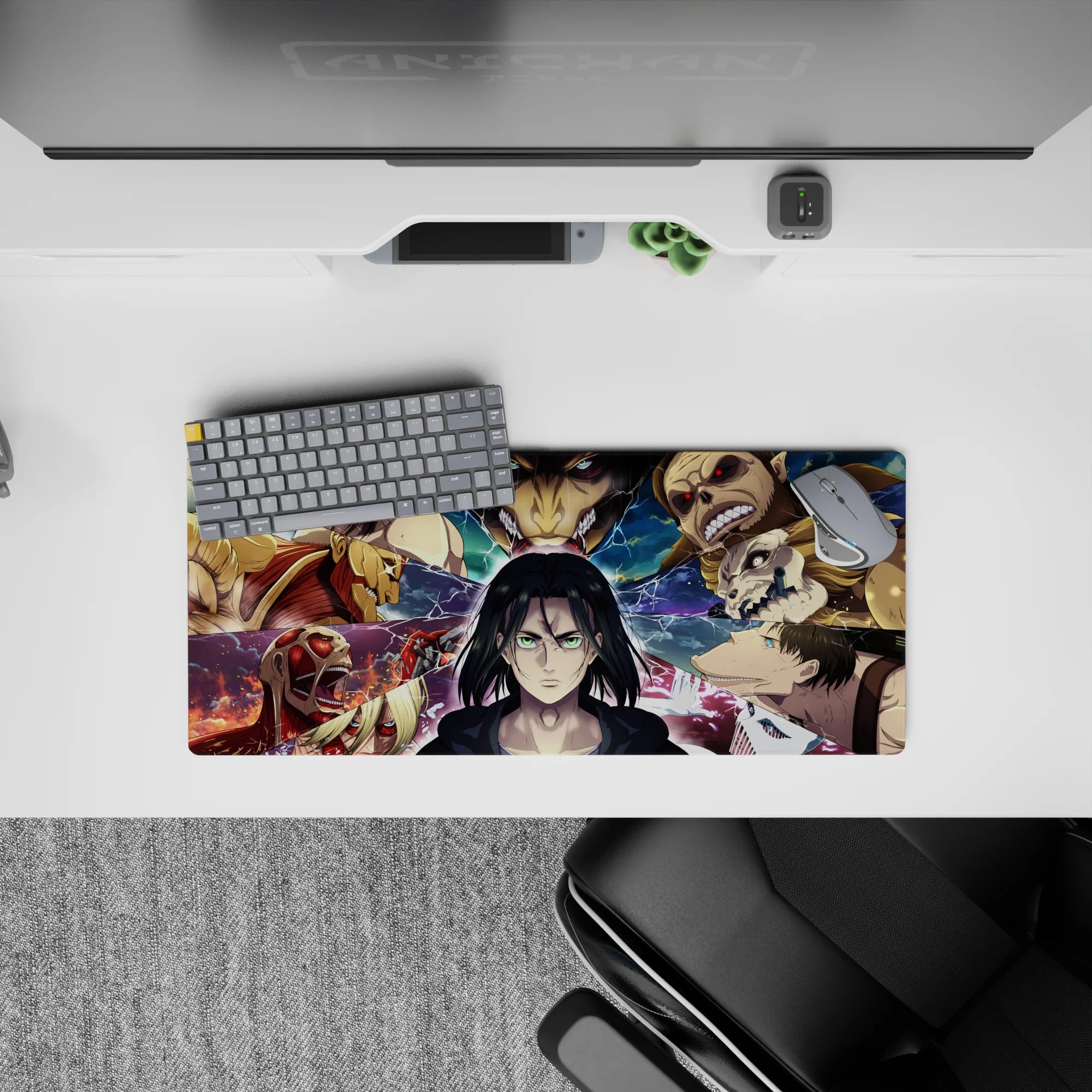 28x12 inches mouse pad with Eren in the Titan warzone, surrounded by electrified fragments and Titan shifters for a dramatic, intense vibe.