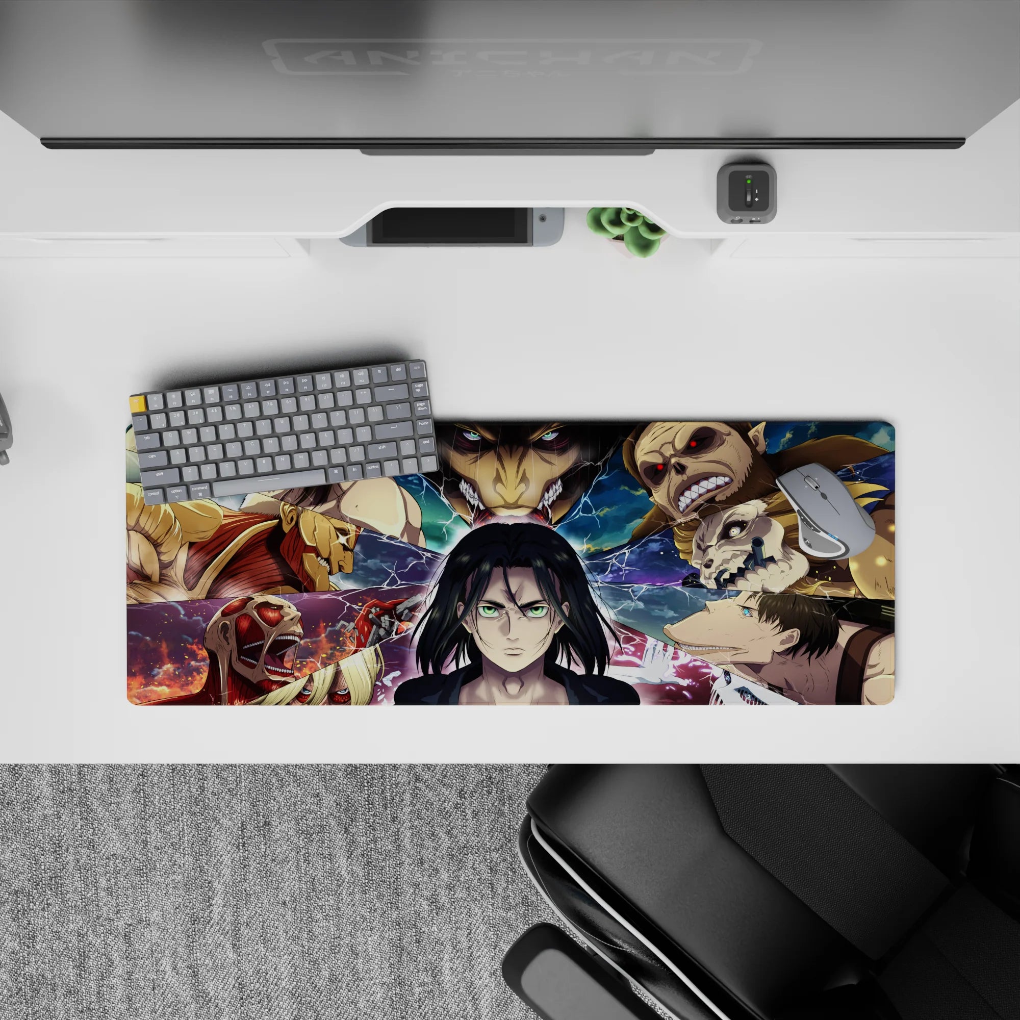 32x12 inches mouse pad with Eren facing his destiny, surrounded by Titan shifters and electrified fragments for a striking, intense look.