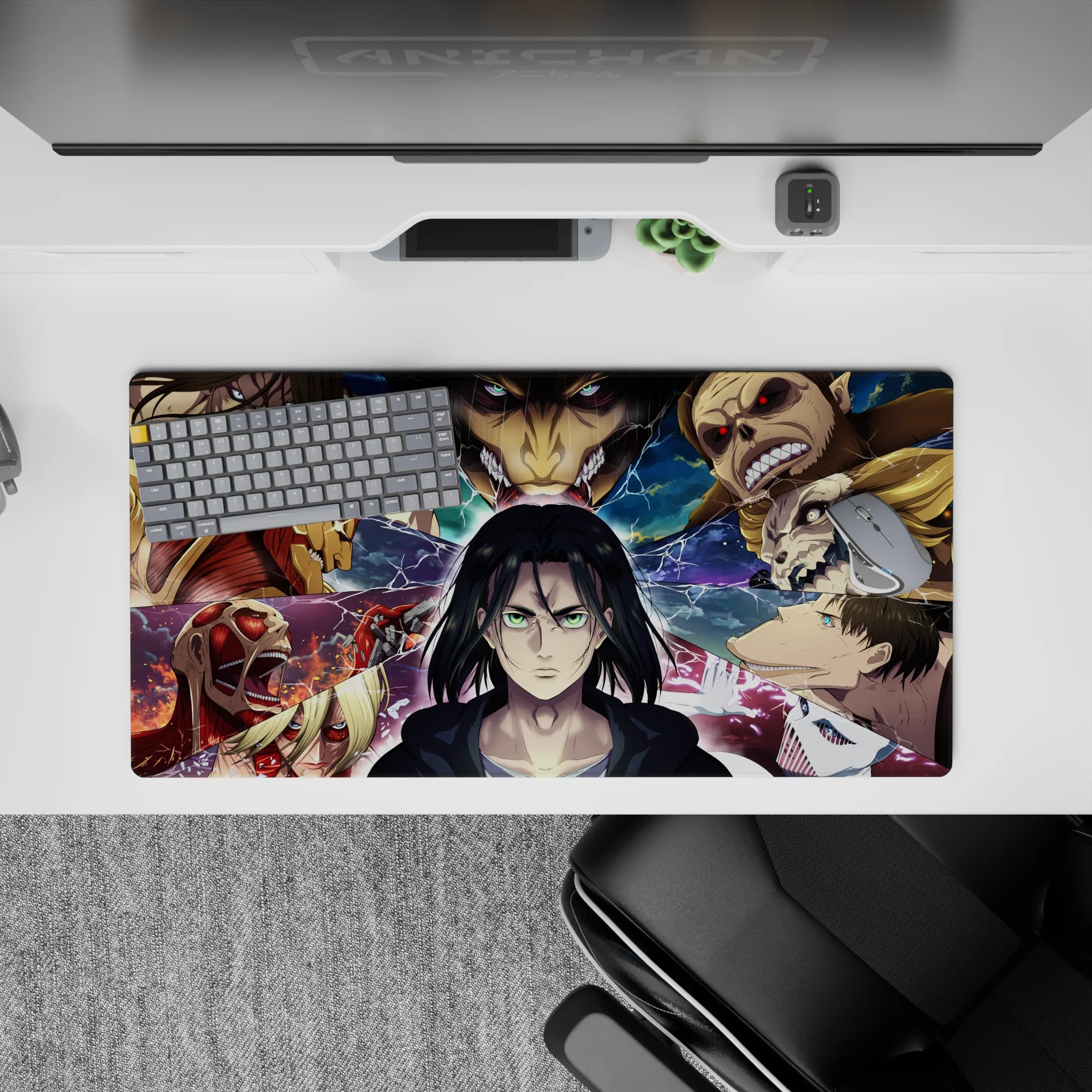 32x16 inches mouse pad with Eren in the Titan warzone, surrounded by electrified fragments and Titan shifters for a dramatic, electrified look.