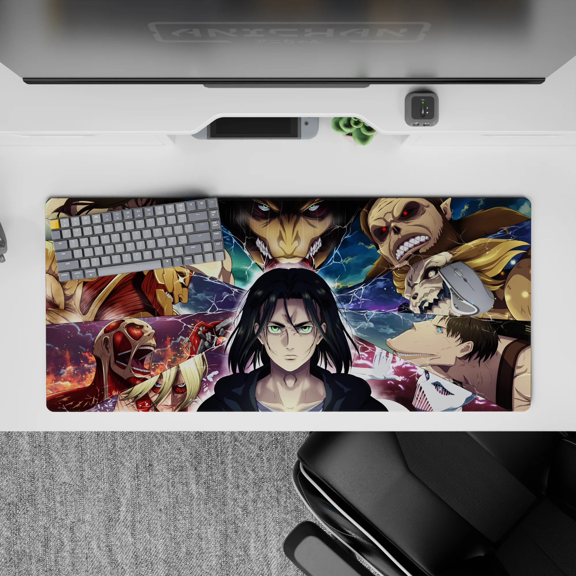 36x16 inches mouse pad with Eren in the Titan warzone, surrounded by Titan shifters and electrified fragments for a dramatic, electrifying design.