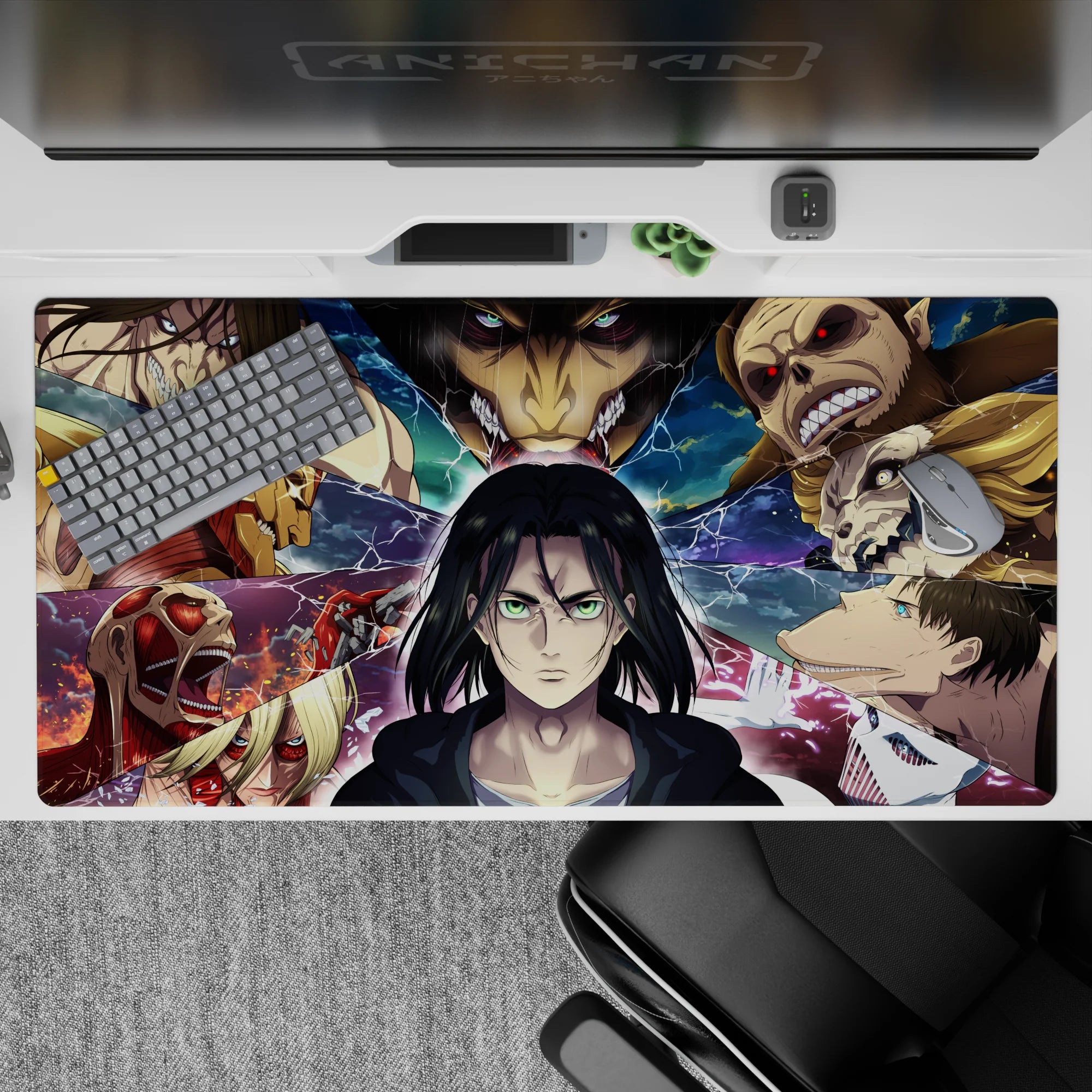 40x20 inches mouse pad with Eren facing his destiny, surrounded by Titan shifters and electrified fragments for a dramatic, battle-filled look.