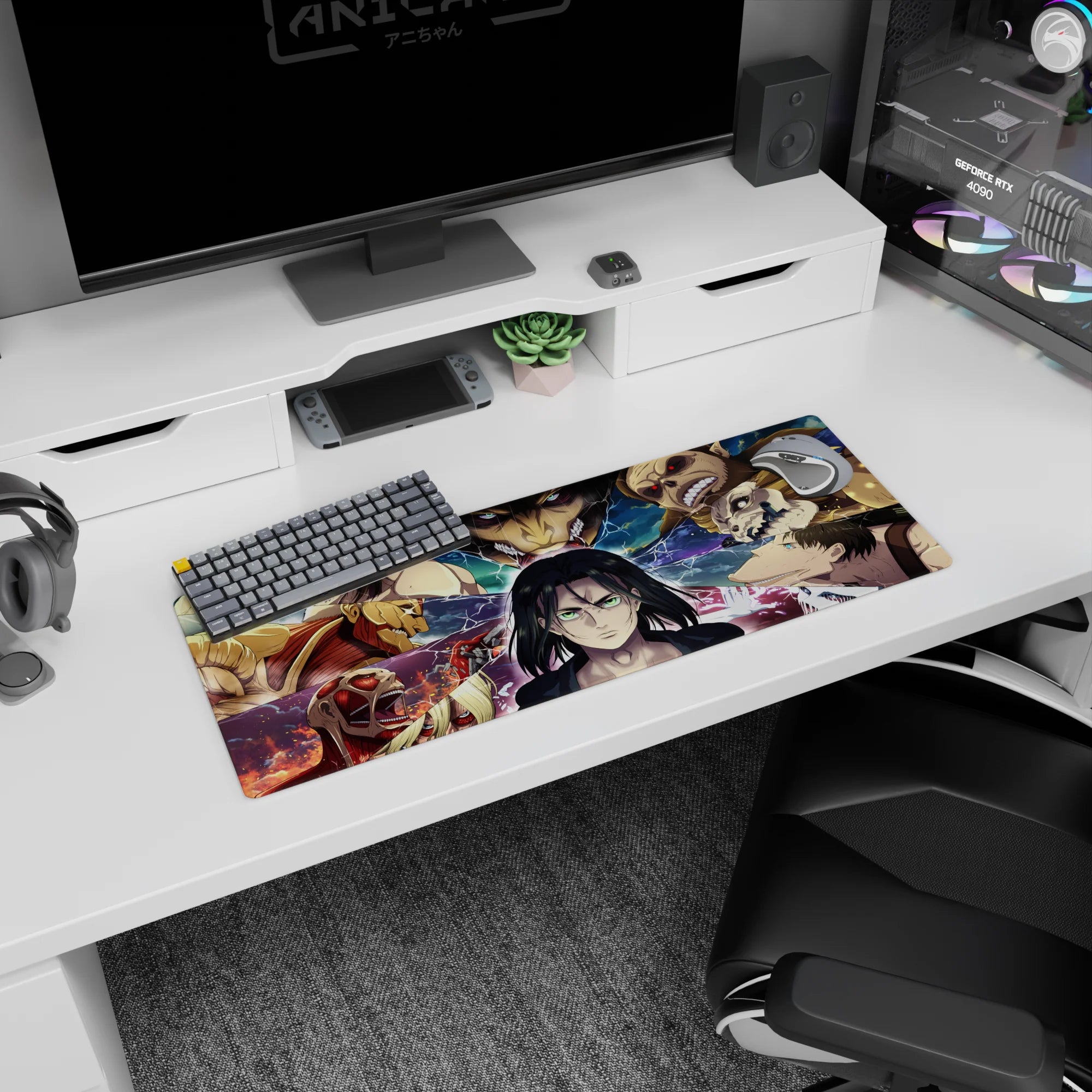 Artistic 32x12 inches mouse pad featuring Eren, surrounded by electrified Titan shifters and fragments in the Titan warzone for a dramatic feel.