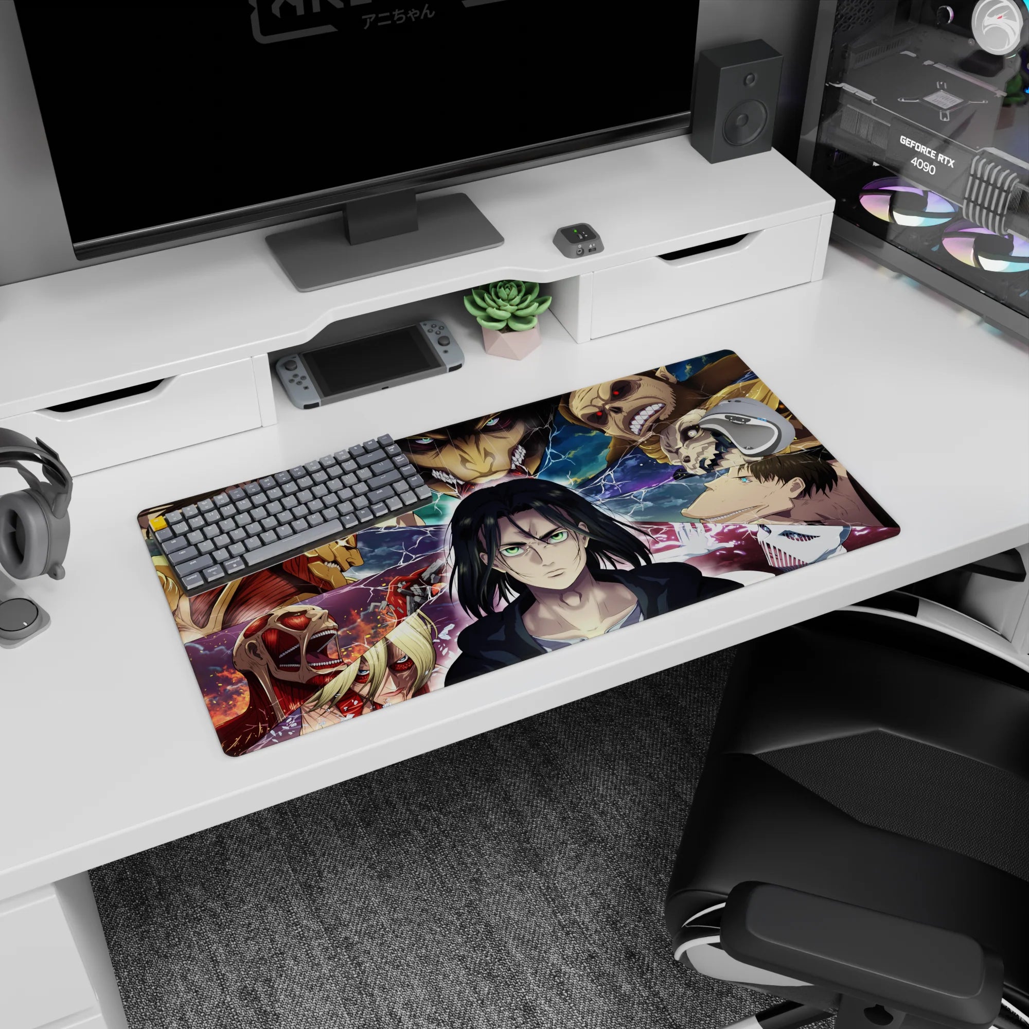 Modern 32x16 inches mouse pad featuring Eren facing his destiny in the Titan warzone, surrounded by electrified fragments and shifters.