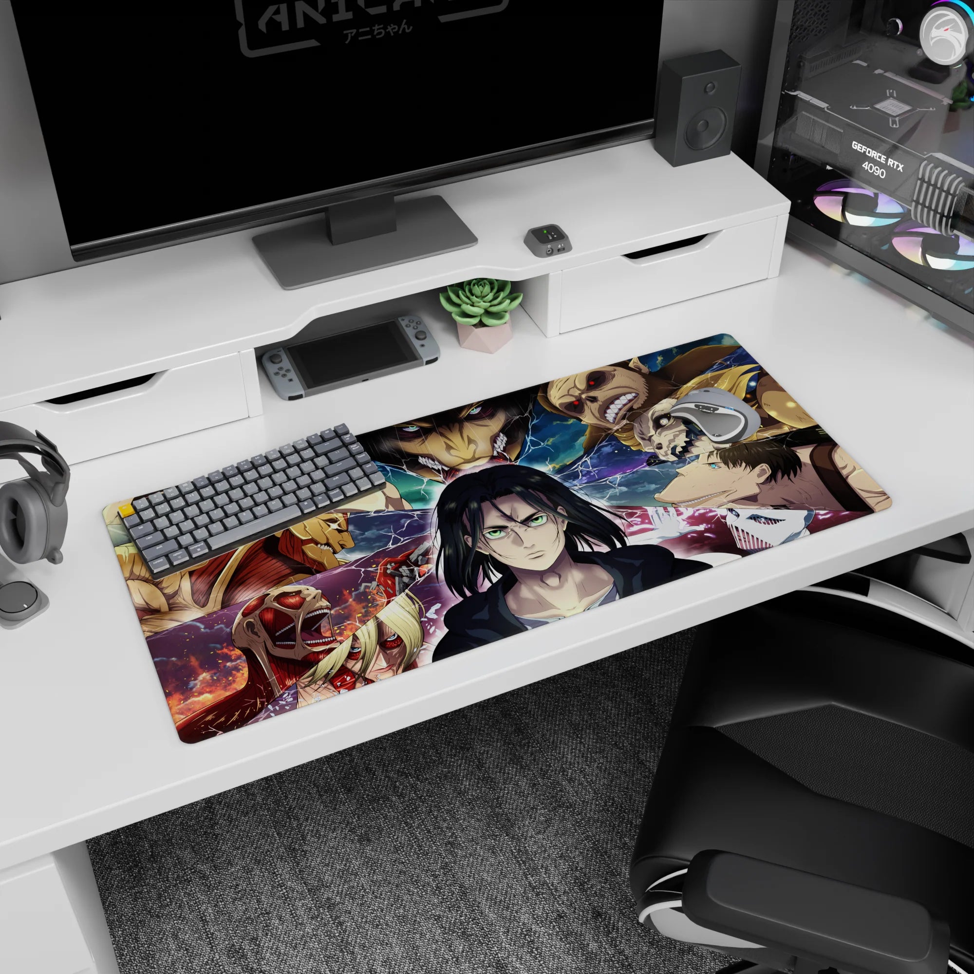 Artistic 36x16 inches mouse pad with Eren facing his destiny, surrounded by electrified Titan shifters in a battle-filled warzone.