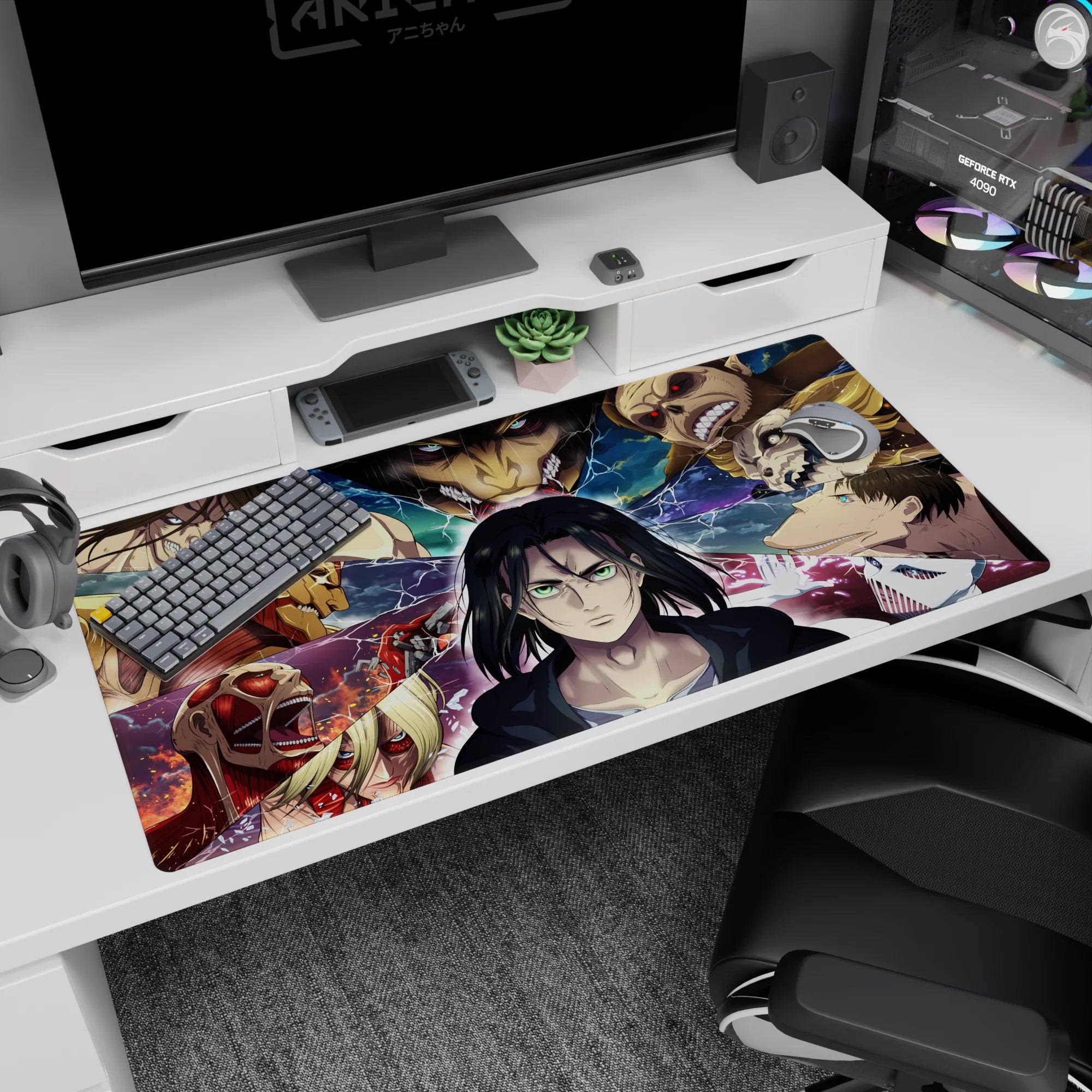 Large 40x20 inches mouse pad showcasing Eren in the Titan warzone, with electrified fragments and Titan shifters surrounding him in intense combat.