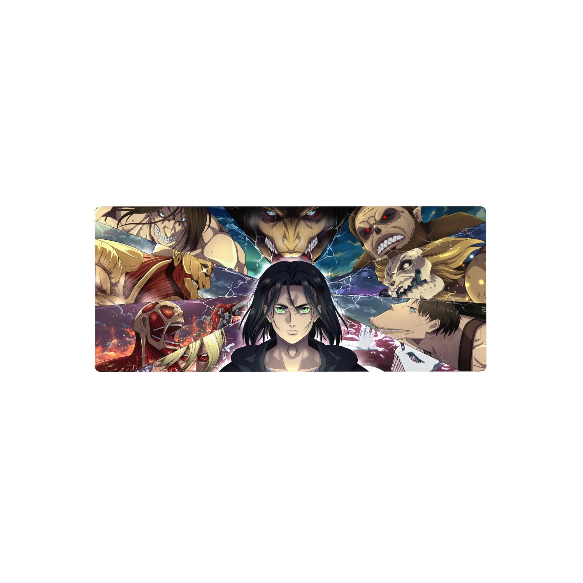 Mouse pad featuring Eren, 28x12 inches, in the Titan warzone with electrified Titan shifters and fragments for an action-packed design.