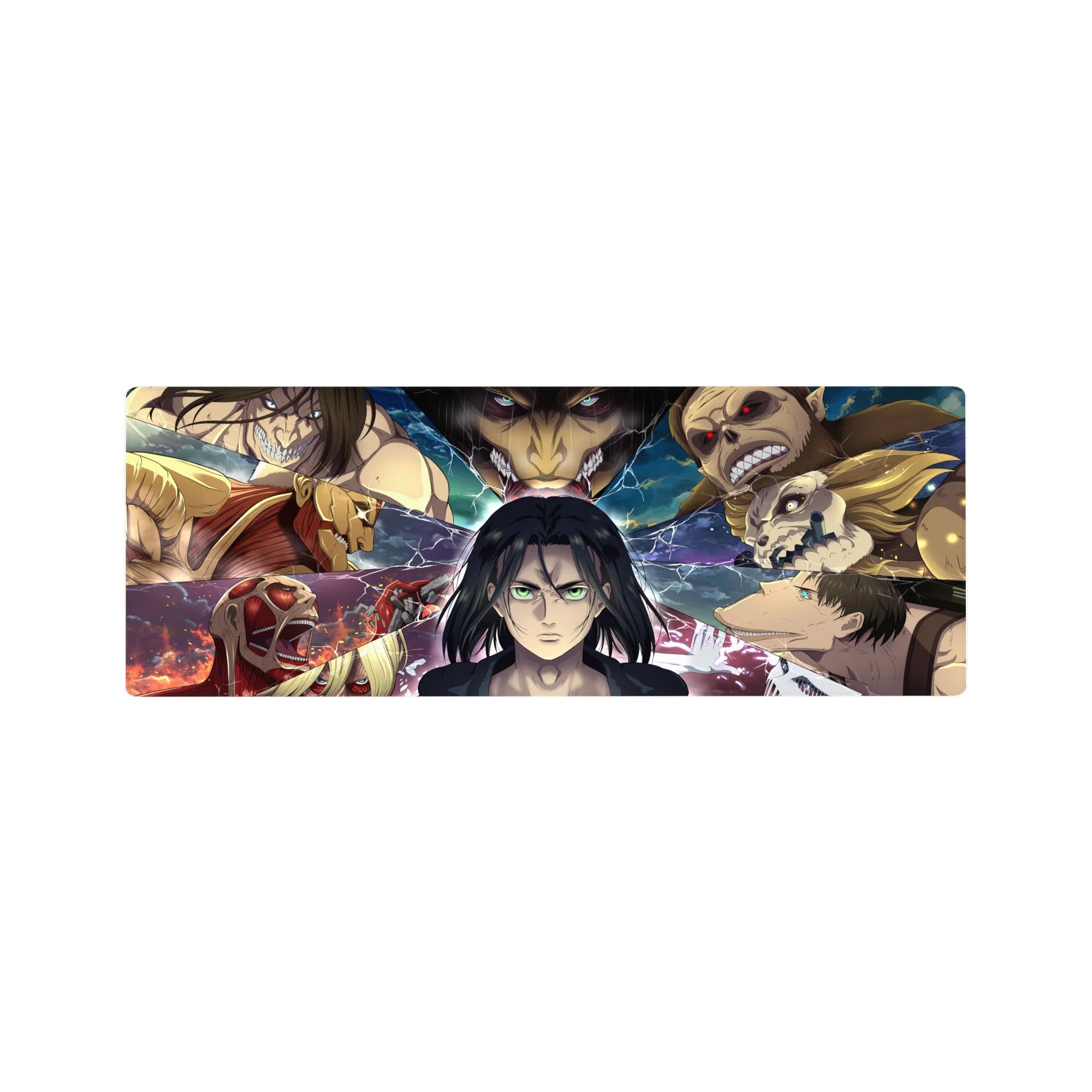 Compact 32x12 inches mouse pad with Eren in the Titan warzone, surrounded by electrified Titan shifters and battle fragments for intense action.