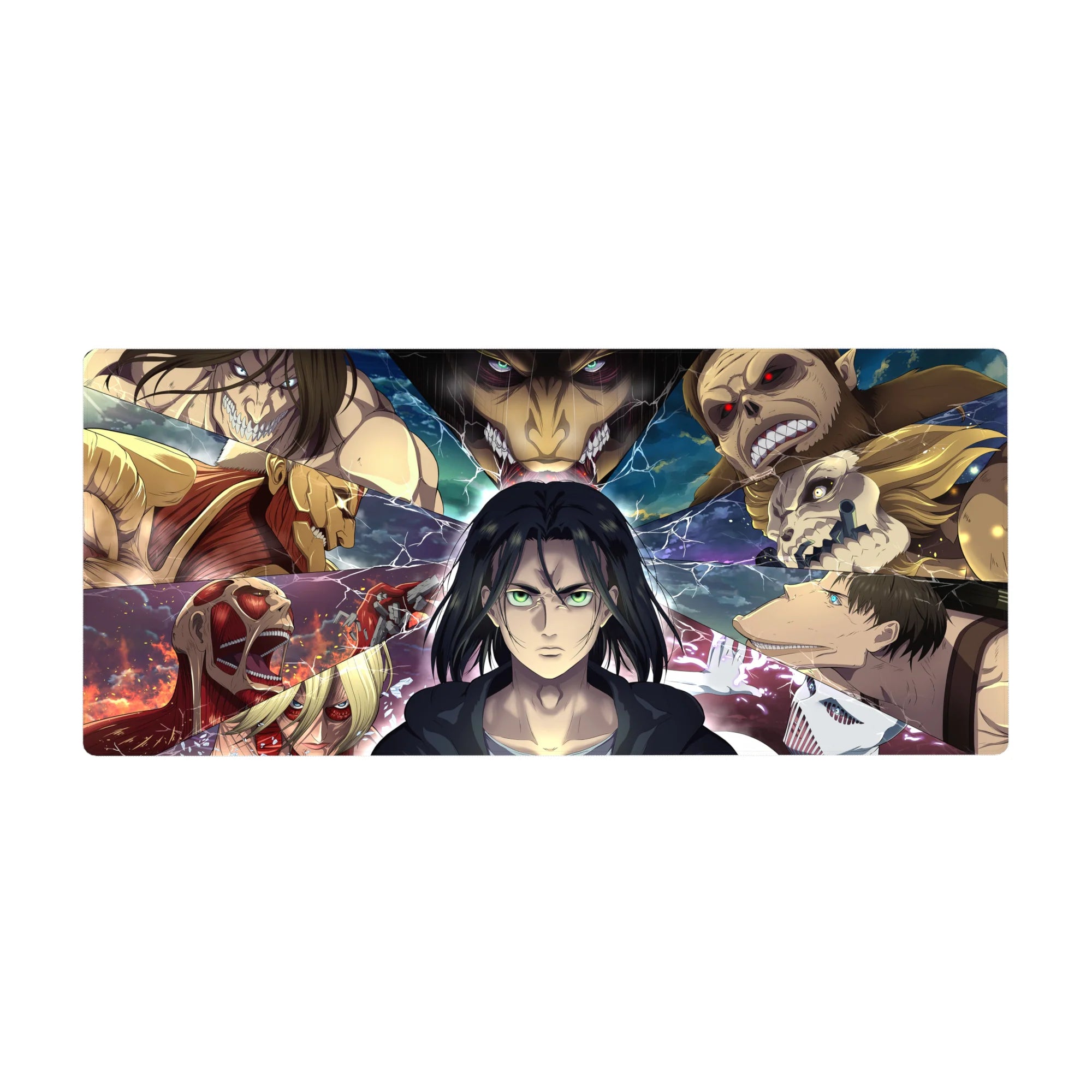 Mouse pad featuring Eren, 36x16 inches, facing his destiny in the Titan warzone, surrounded by electrified Titan shifters and battle fragments.