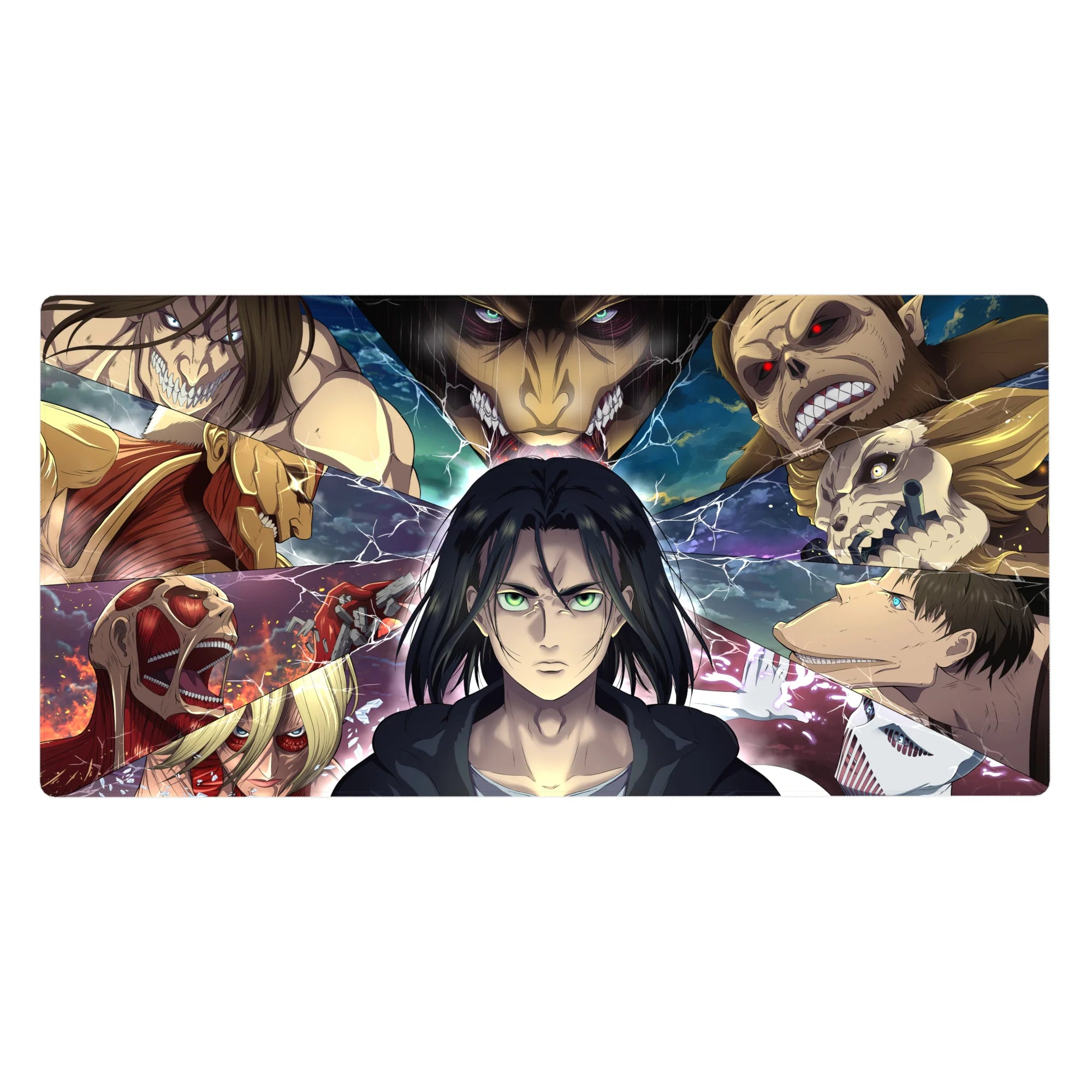Mouse pad featuring Eren in the Titan warzone, 40x20 inches, with electrified fragments and Titan shifters surrounding him for an intense AOT design.
