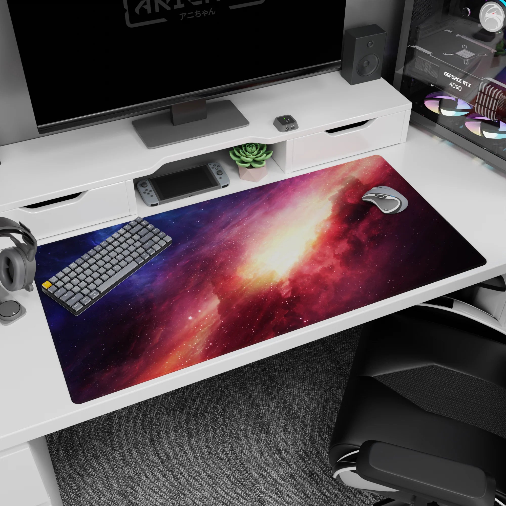 Galaxy themed desk pad 40x20 inches with indigo, violet, and peach nebula design for smooth workspace.