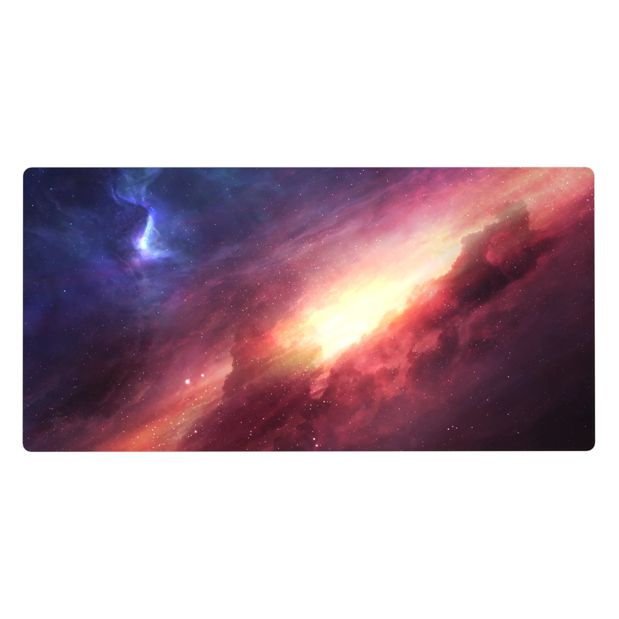 Galaxy-inspired desk pad 40x20 inches with deep indigo, violet, and peach tones creating a dreamy cosmic look.