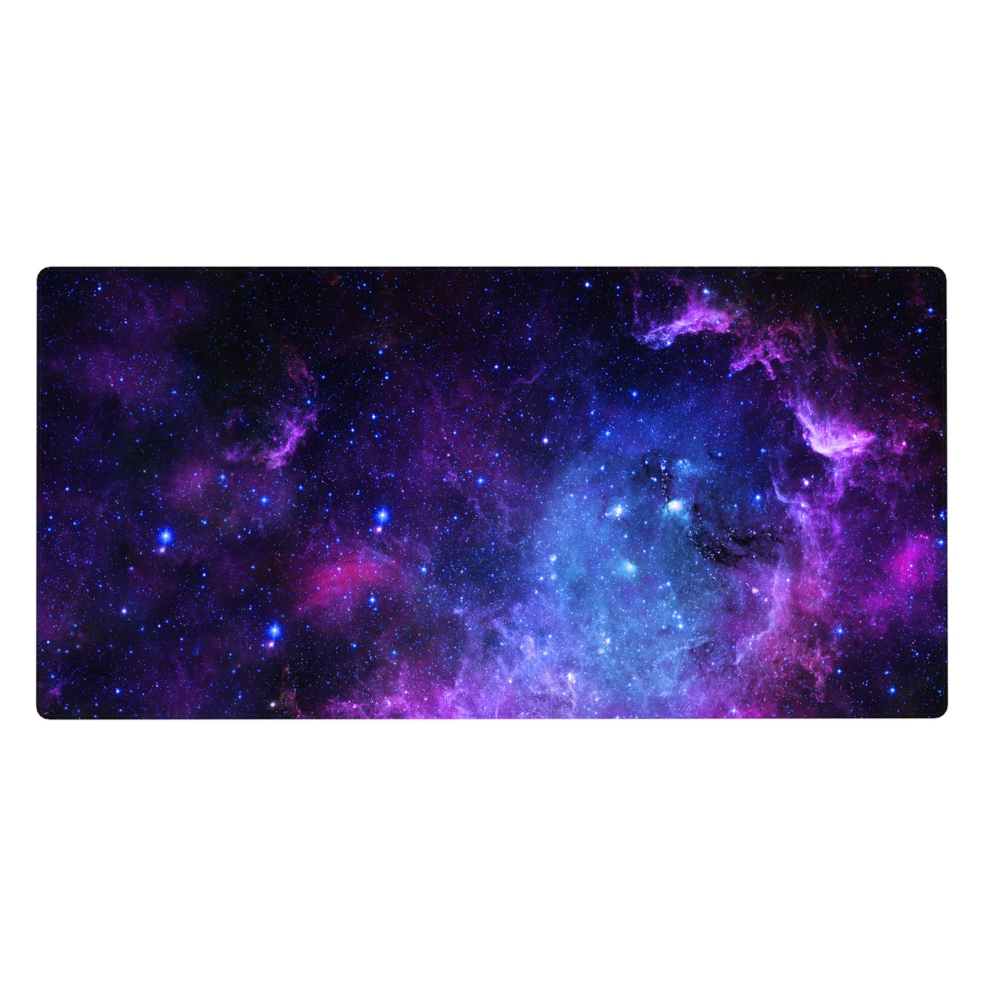 Galaxy themed desk pad 40x20 inches with swirling purple, blue, and black nebula design for wide desk coverage.