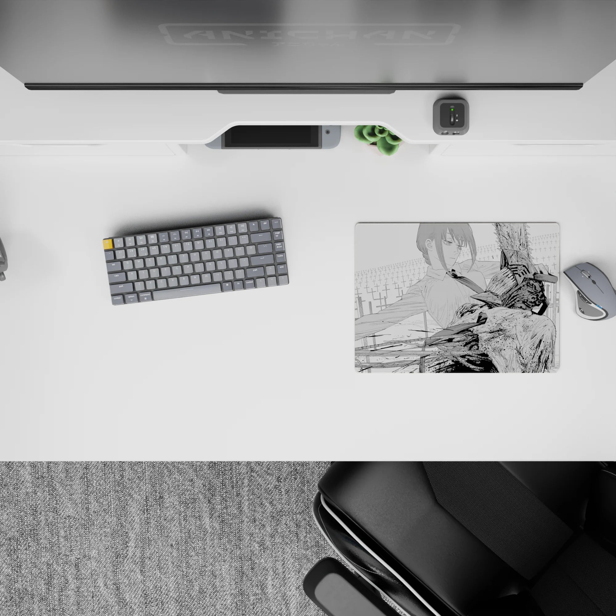 Makima and Chainsaw Man anime mouse pad, 14x10 inches, in grayscale, captures intense scene with bold contrast and emotion.