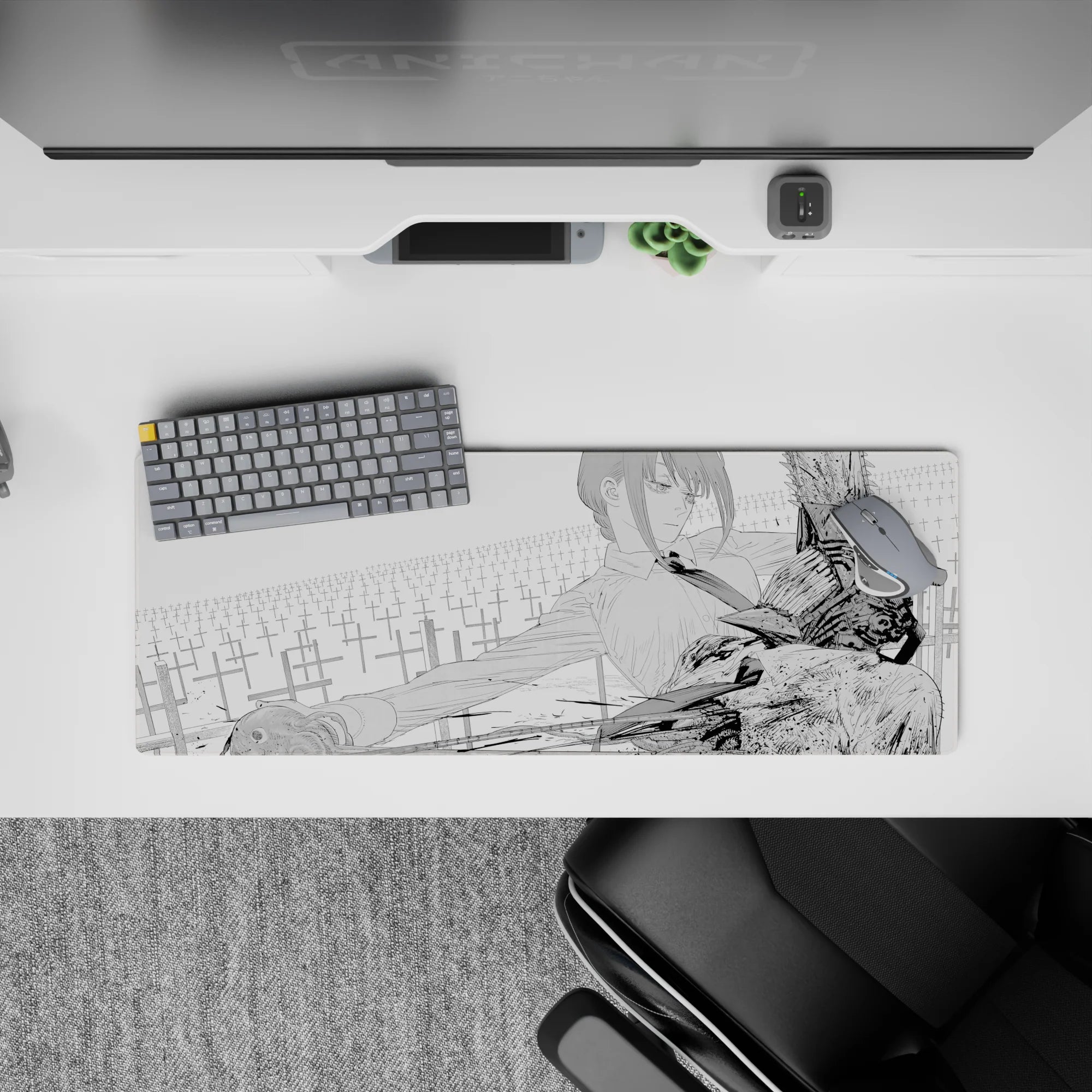 Makima and Chainsaw Man anime mouse pad, 32x12 inches, grayscale design showcasing intense scene with powerful contrast.