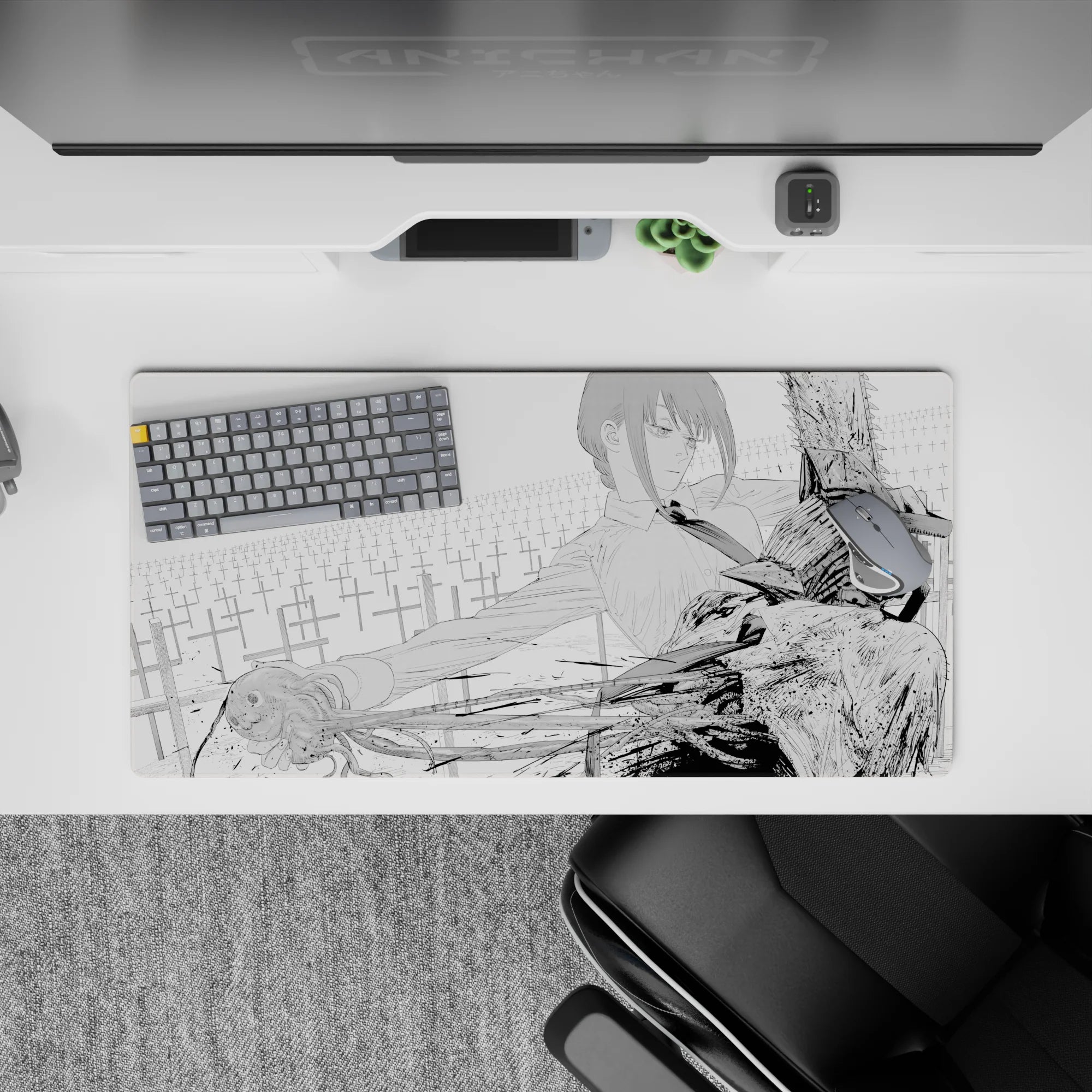 Makima and Denji from Chainsaw Man anime on a 32x16 inch grayscale mouse pad, capturing tension and power.